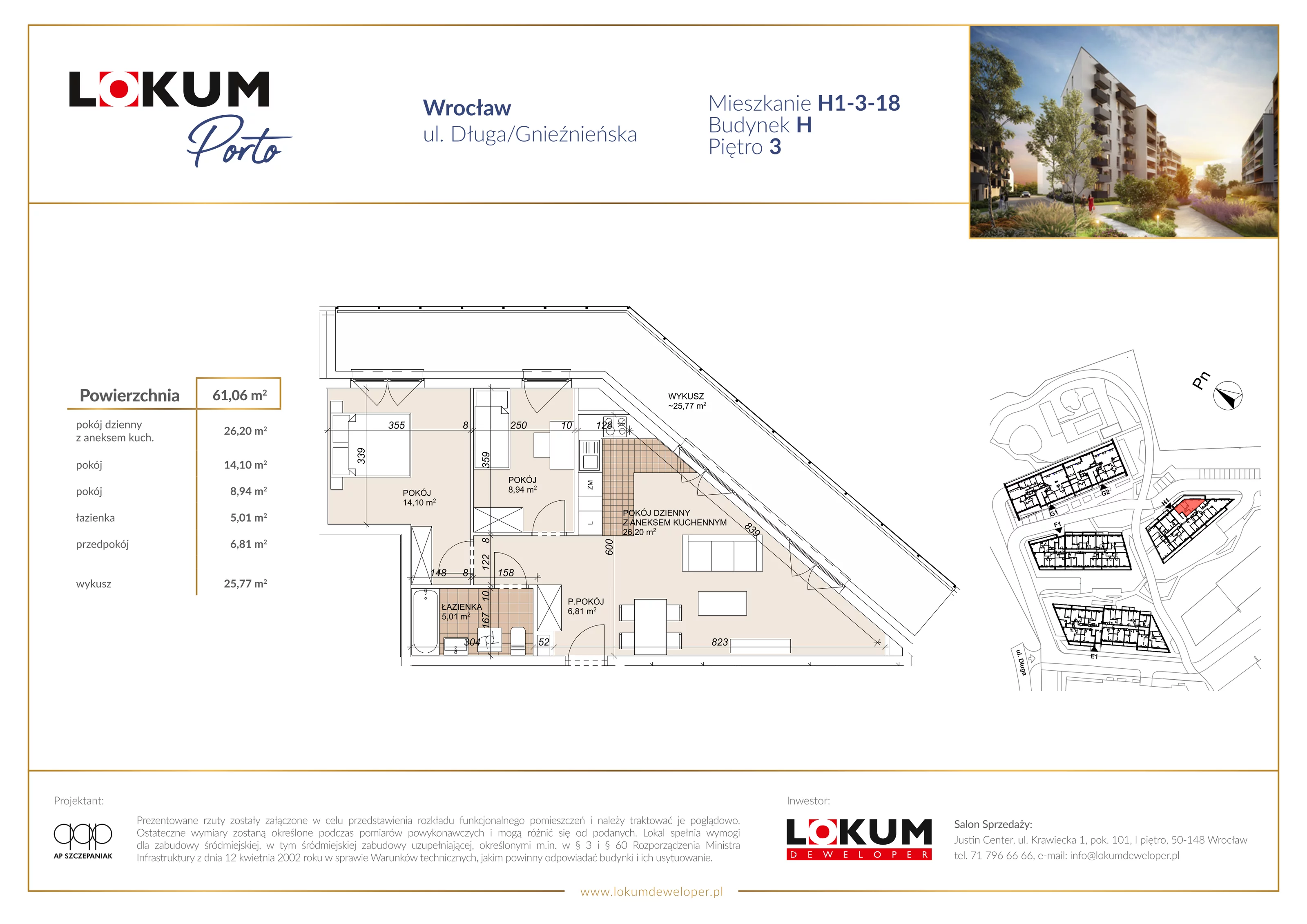 3 pokoje, mieszkanie 61,06 m², piętro 3, oferta nr H1-3-18, Lokum Porto Etap VI, Wrocław, Szczepin, ul. Długa/Gnieźnieńska