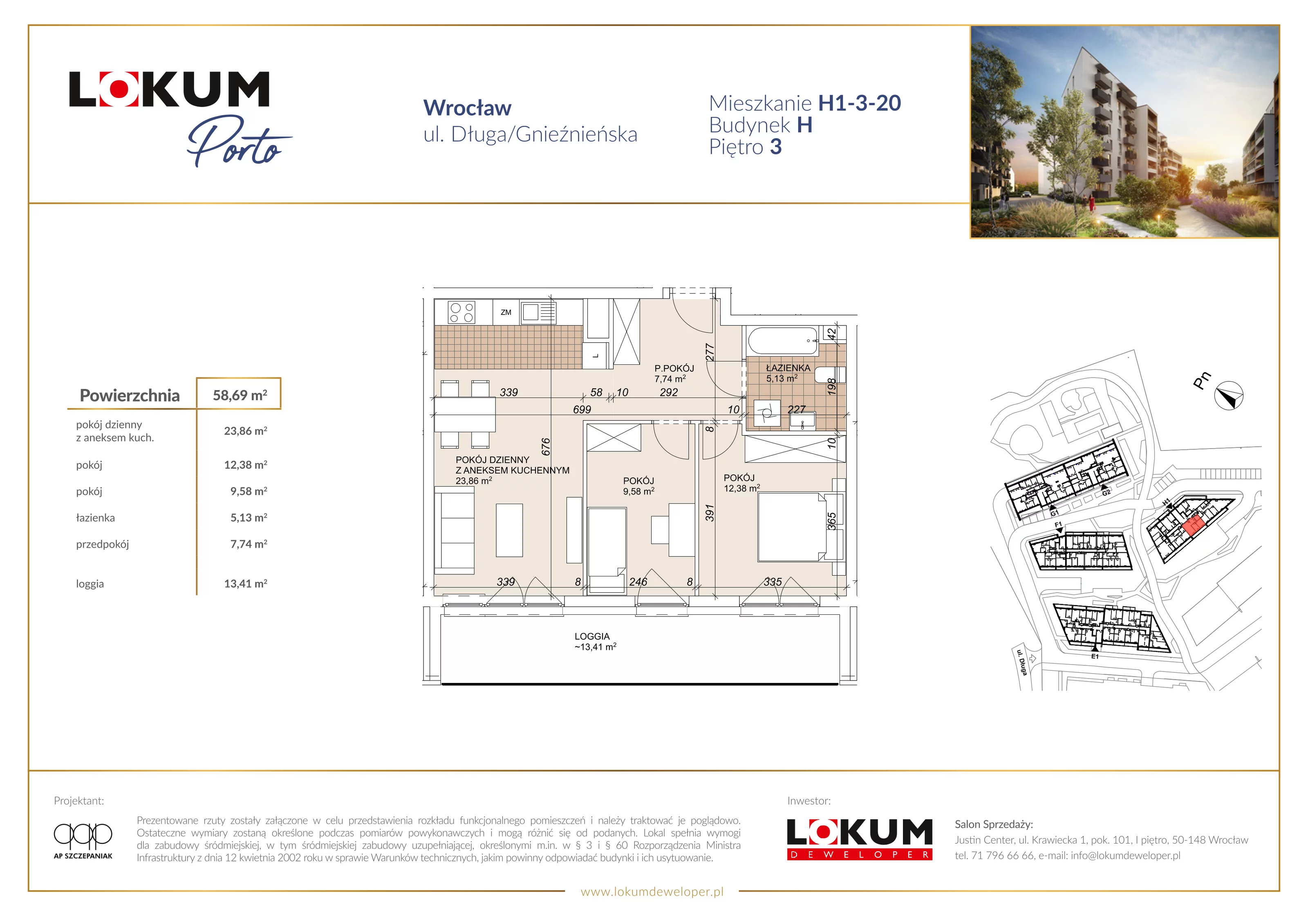 3 pokoje, mieszkanie 58,69 m², piętro 3, oferta nr H1-3-20, Lokum Porto Etap VI, Wrocław, Szczepin, ul. Długa/Gnieźnieńska