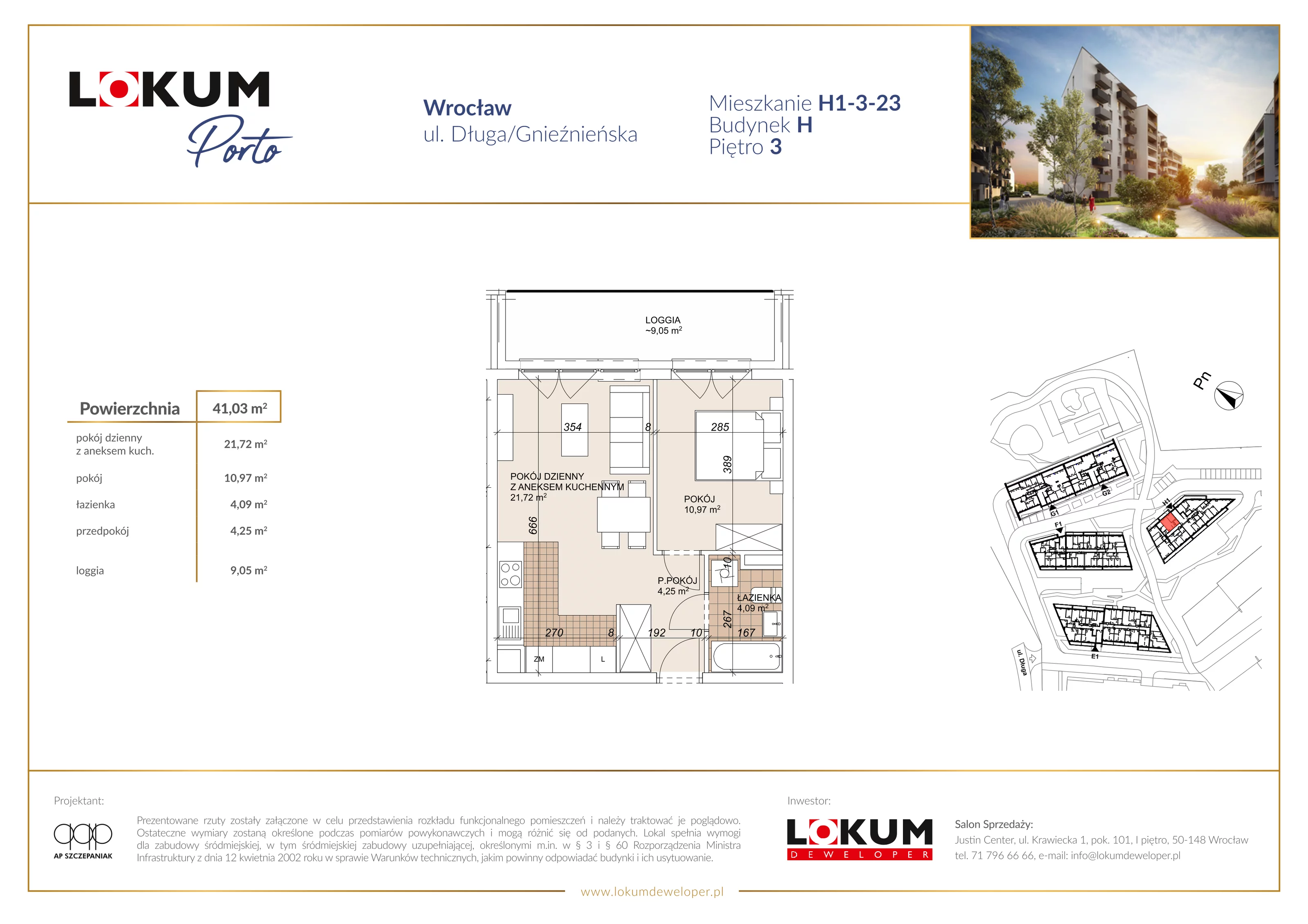 2 pokoje, mieszkanie 41,03 m², piętro 3, oferta nr H1-3-23, Lokum Porto Etap VI, Wrocław, Szczepin, ul. Długa/Gnieźnieńska