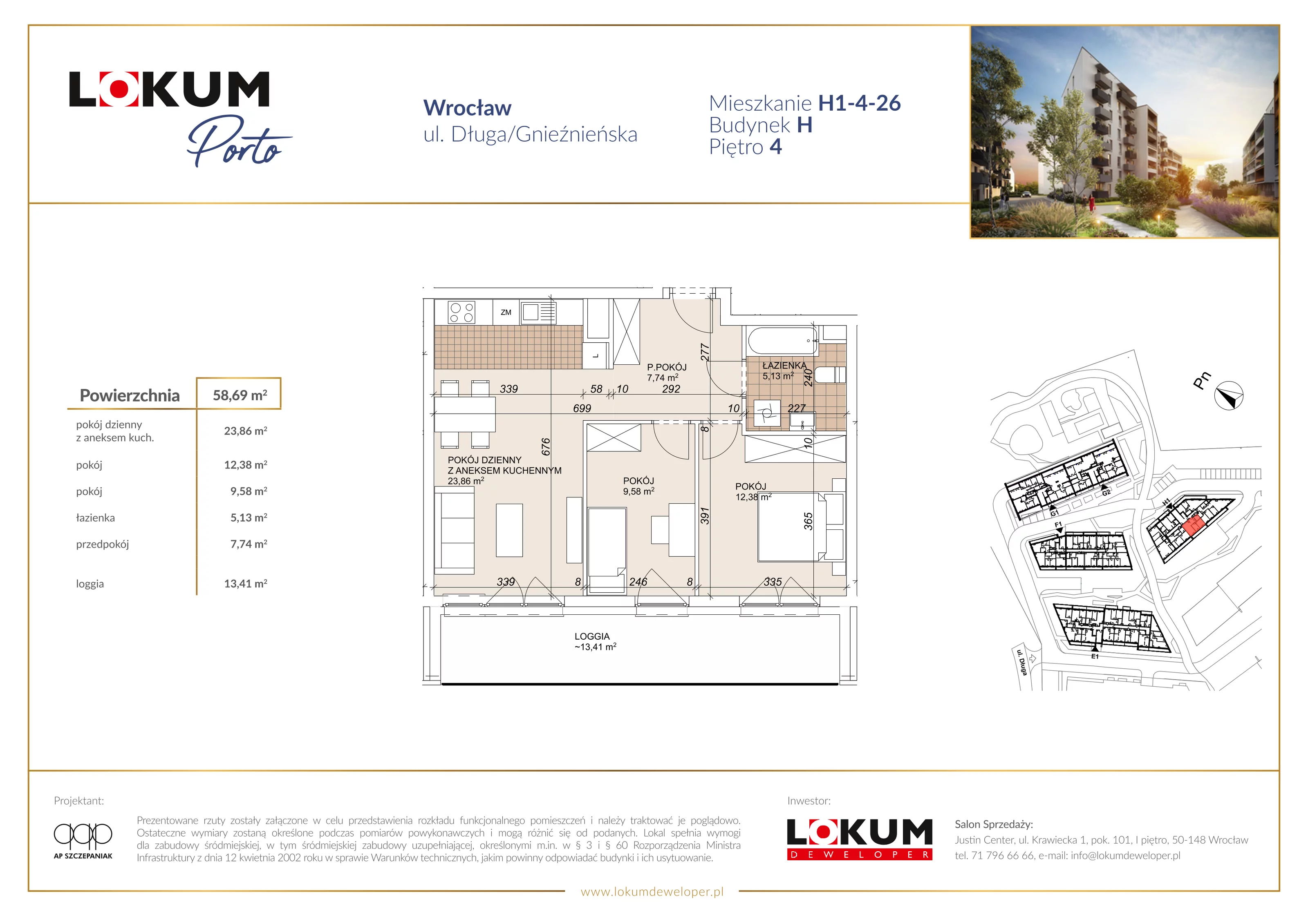 3 pokoje, mieszkanie 58,69 m², piętro 4, oferta nr H1-4-26, Lokum Porto Etap VI, Wrocław, Szczepin, ul. Długa/Gnieźnieńska
