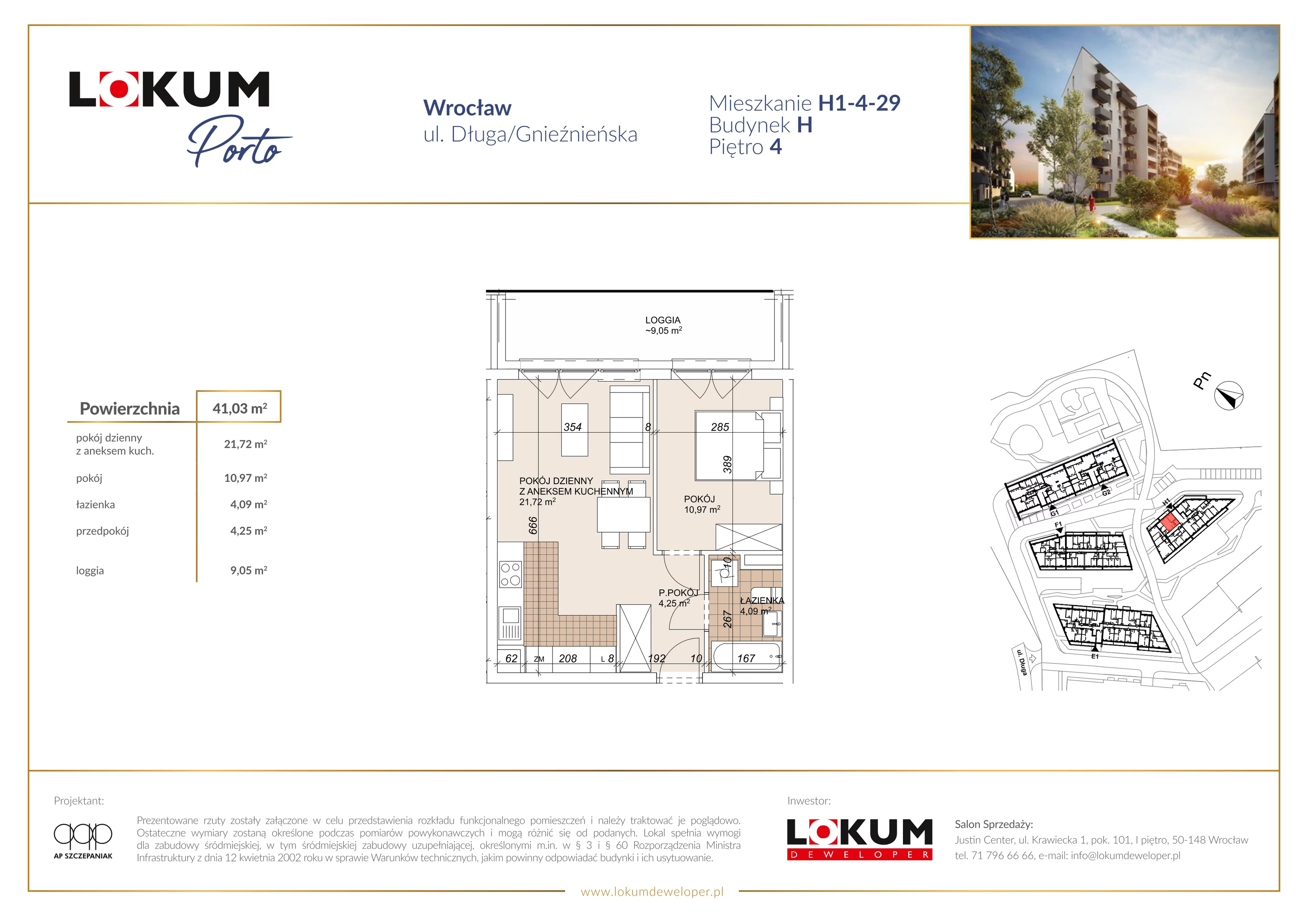 2 pokoje, mieszkanie 41,03 m², piętro 4, oferta nr H1-4-29, Lokum Porto Etap VI, Wrocław, Szczepin, ul. Długa/Gnieźnieńska