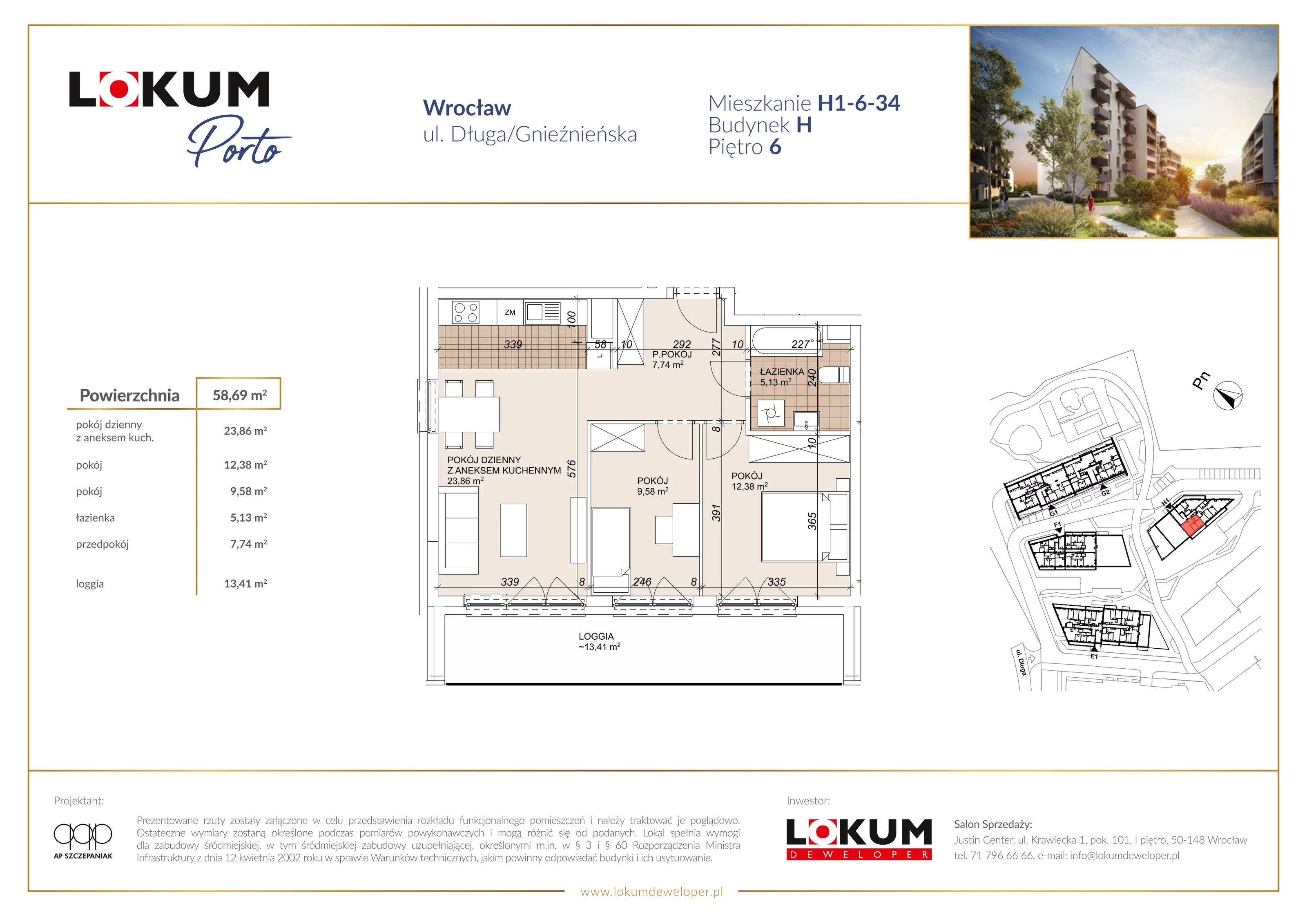 3 pokoje, mieszkanie 58,69 m², piętro 6, oferta nr H1-6-34, Lokum Porto Etap VI, Wrocław, Szczepin, ul. Długa/Gnieźnieńska