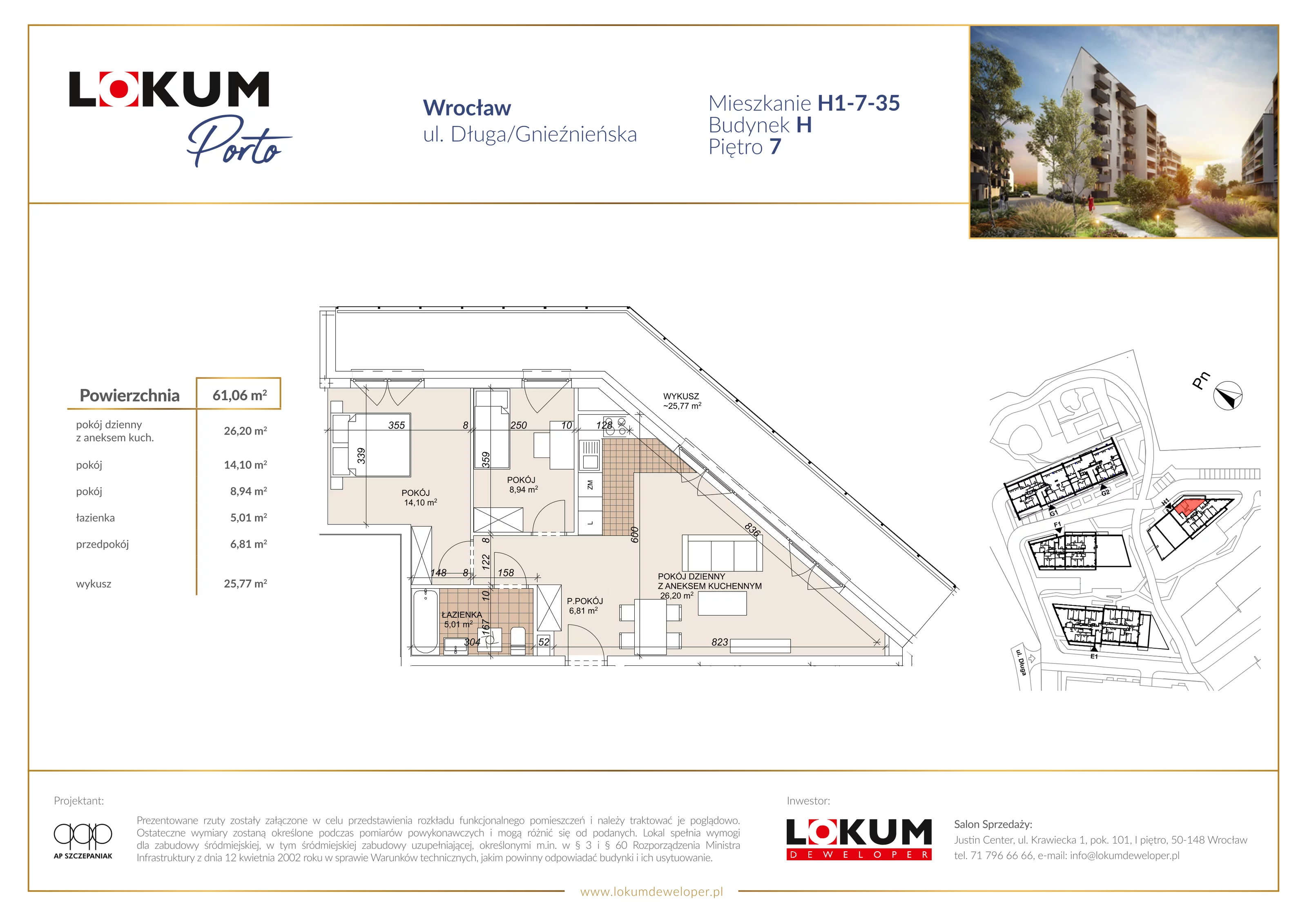 3 pokoje, mieszkanie 61,06 m², piętro 7, oferta nr H1-7-35, Lokum Porto Etap VI, Wrocław, Szczepin, ul. Długa/Gnieźnieńska