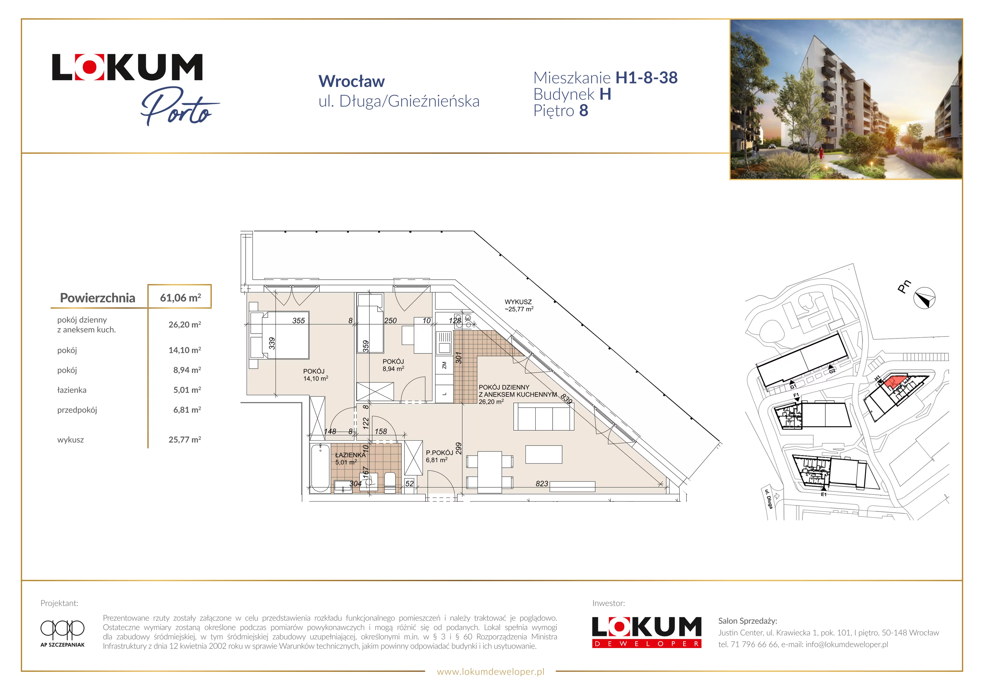 3 pokoje, mieszkanie 61,06 m², piętro 8, oferta nr H1-8-38, Lokum Porto Etap VI, Wrocław, Szczepin, ul. Długa/Gnieźnieńska