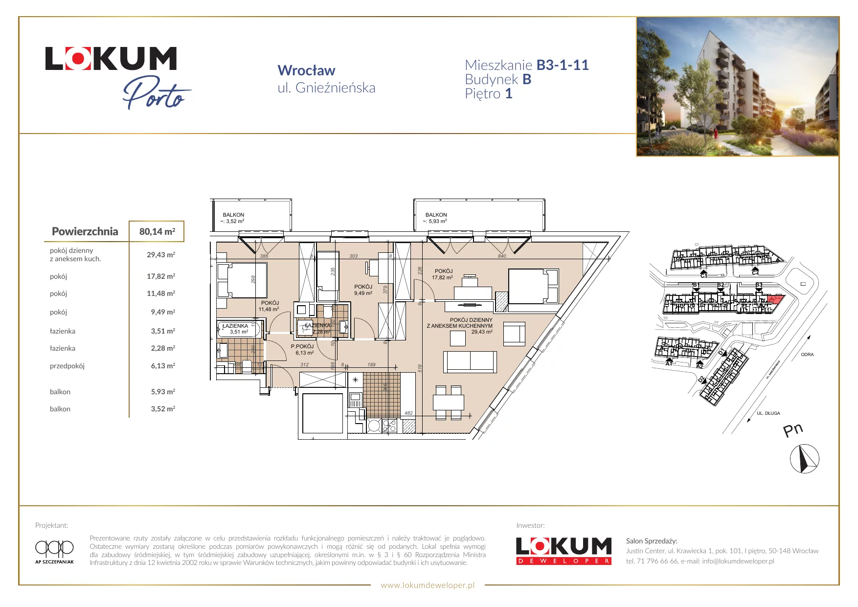 Mieszkanie 80,01 m², piętro 1, oferta nr B3-1-11, Lokum Porto, Wrocław, Szczepin, ul. Długa/Gnieźnieńska