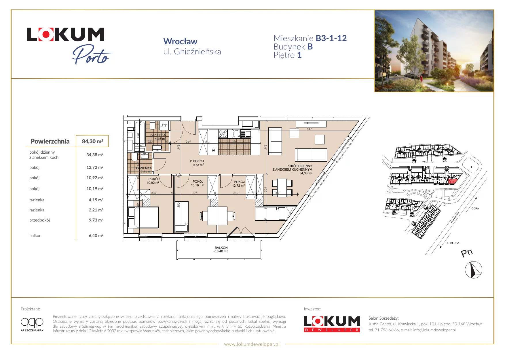 4 pokoje, mieszkanie 84,26 m², piętro 1, oferta nr B3-1-12, Lokum Porto, Wrocław, Szczepin, ul. Długa/Gnieźnieńska