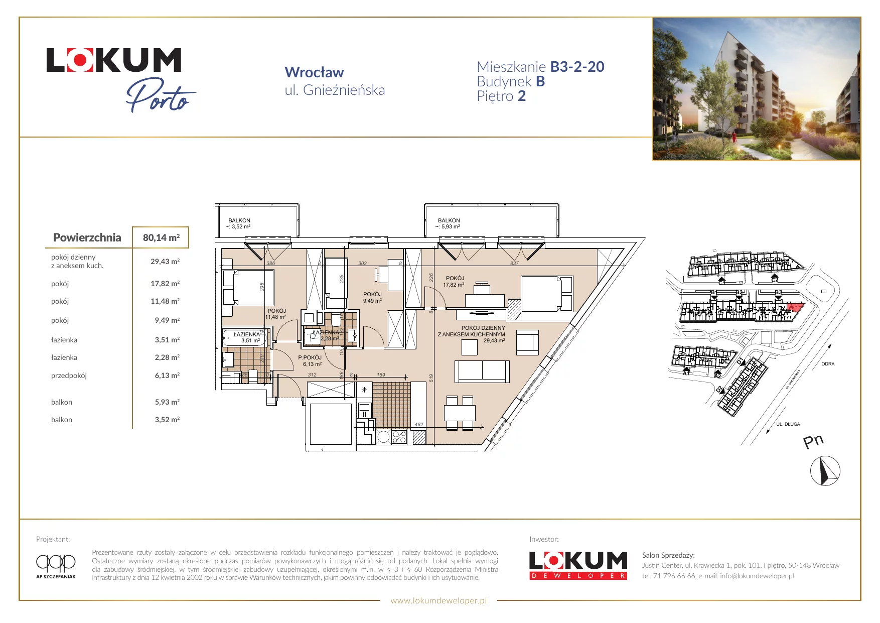 4 pokoje, mieszkanie 80,05 m², piętro 2, oferta nr B3-2-20, Lokum Porto, Wrocław, Szczepin, ul. Długa/Gnieźnieńska