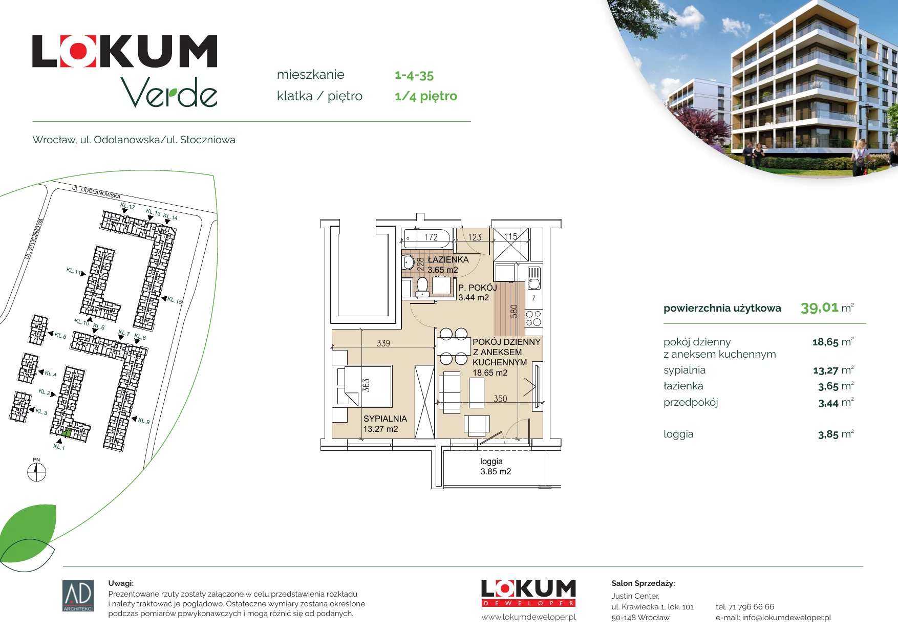 Apartament 38,82 m², piętro 4, oferta nr 1-4-35, Lokum Verde, Wrocław, Psie Pole-Zawidawie, Zakrzów, ul. Z. Gumińskiej/Odolanowska