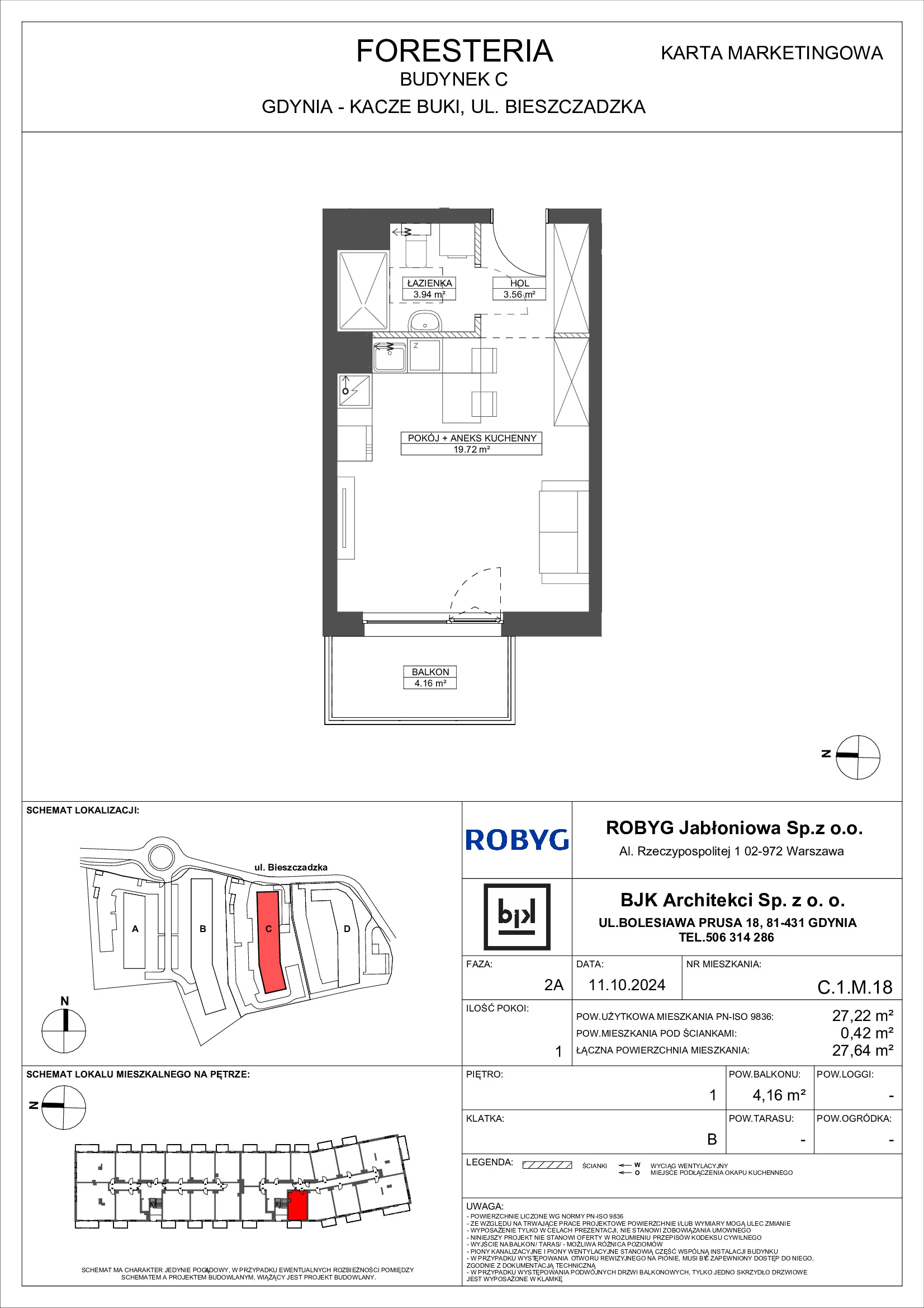 Mieszkanie 27,22 m², piętro 1, oferta nr C.1M18, Foresteria, Gdynia, Wielki Kack, Kacze Buki, ul. Bieszczadzka