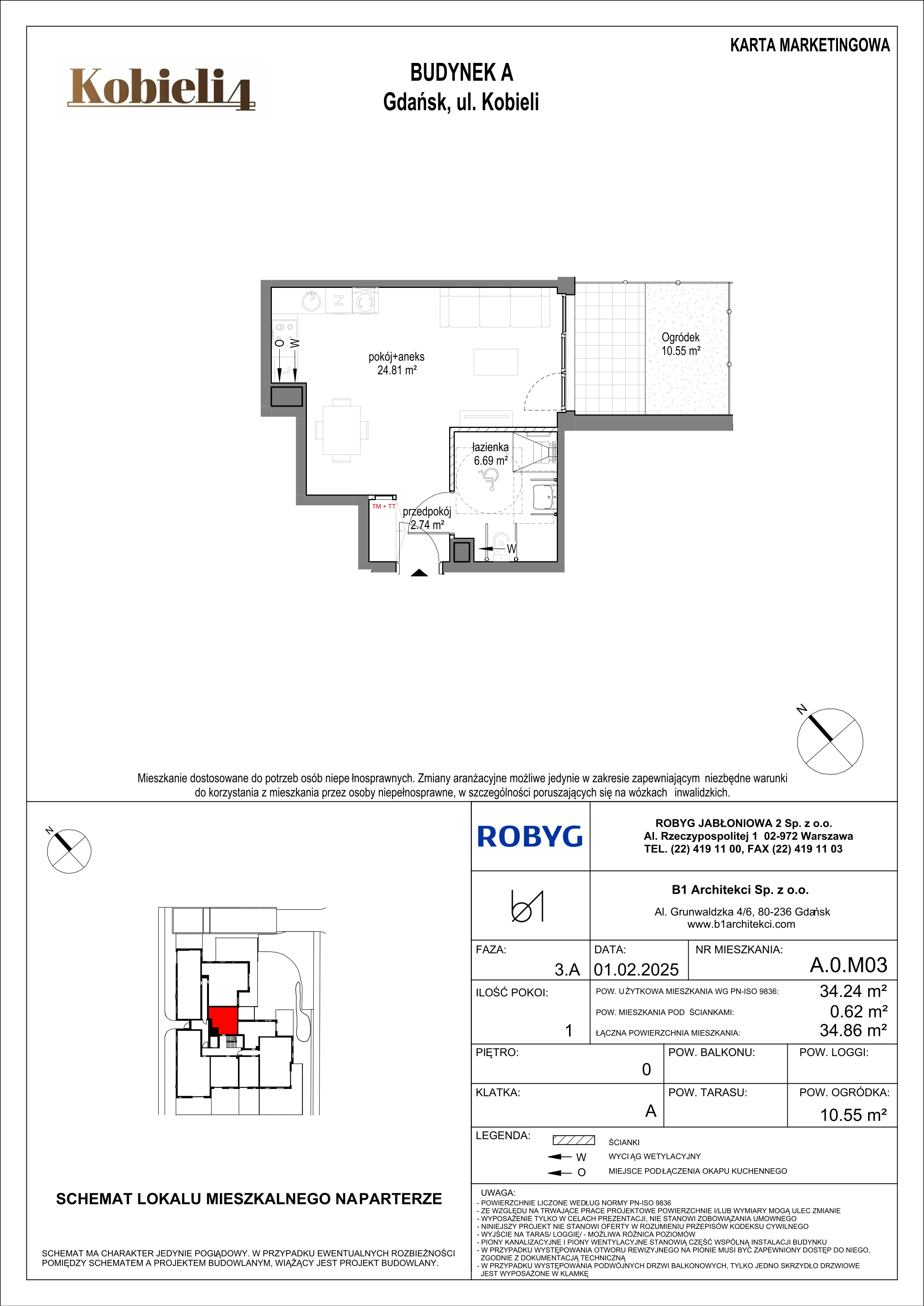 1 pokój, mieszkanie 34,24 m², parter, oferta nr A.0M03, KOBIELI 4, Gdańsk, Brzeźno, ul. Bogumiła Kobieli / Gdańska