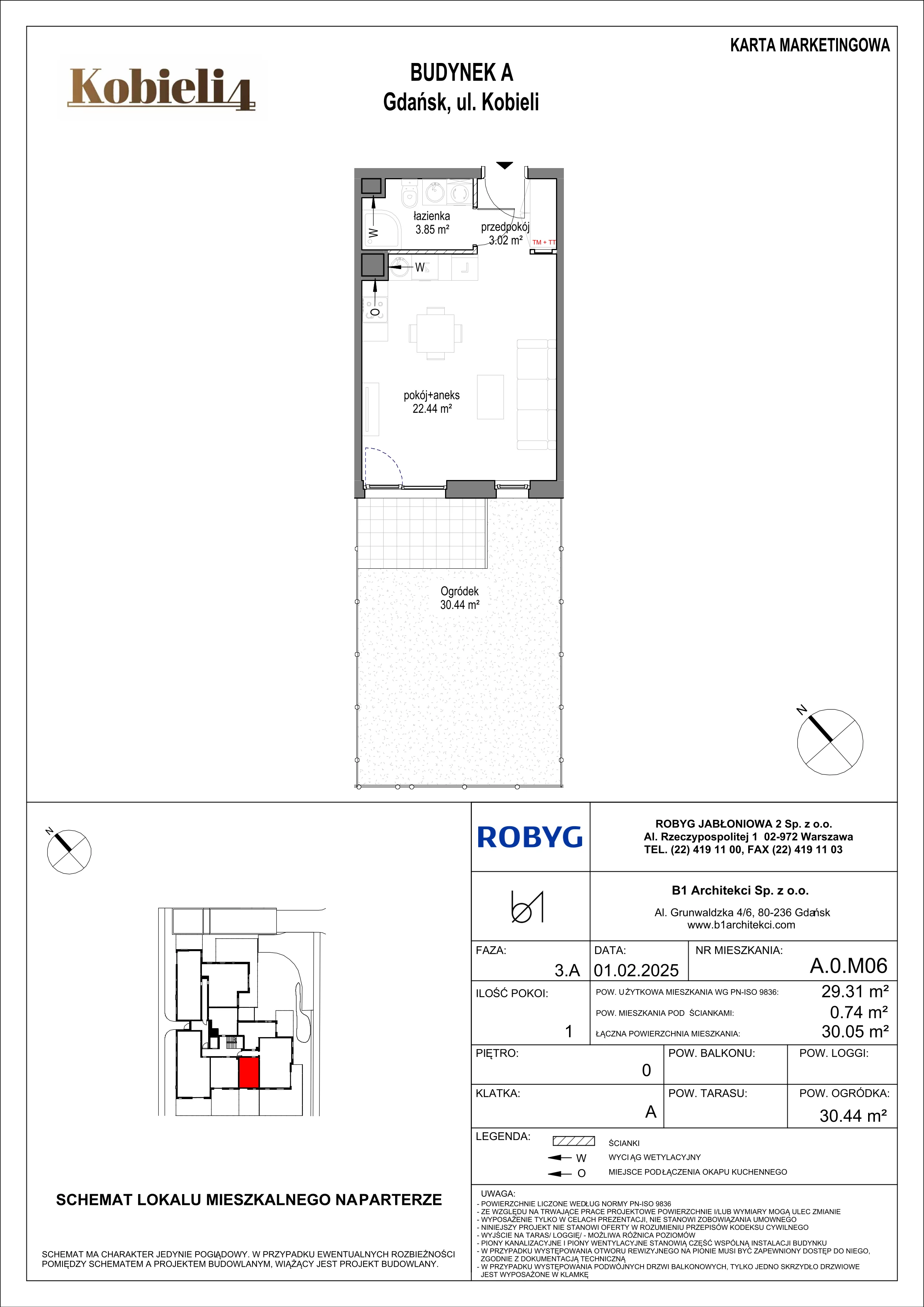 1 pokój, mieszkanie 29,31 m², parter, oferta nr A.0M06, KOBIELI 4, Gdańsk, Brzeźno, ul. Bogumiła Kobieli / Gdańska