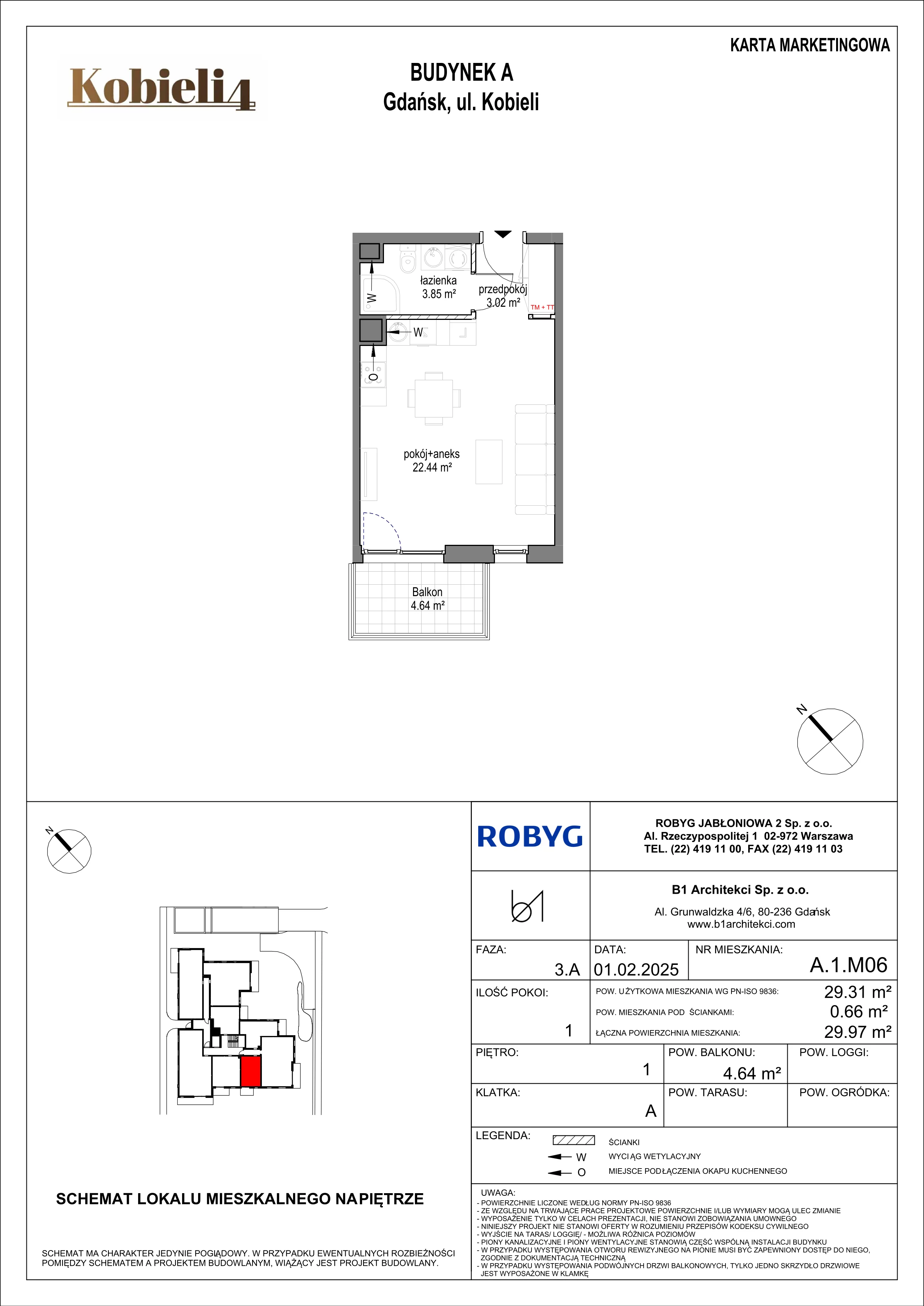 1 pokój, mieszkanie 29,31 m², piętro 1, oferta nr A.1M06, KOBIELI 4, Gdańsk, Brzeźno, ul. Bogumiła Kobieli / Gdańska