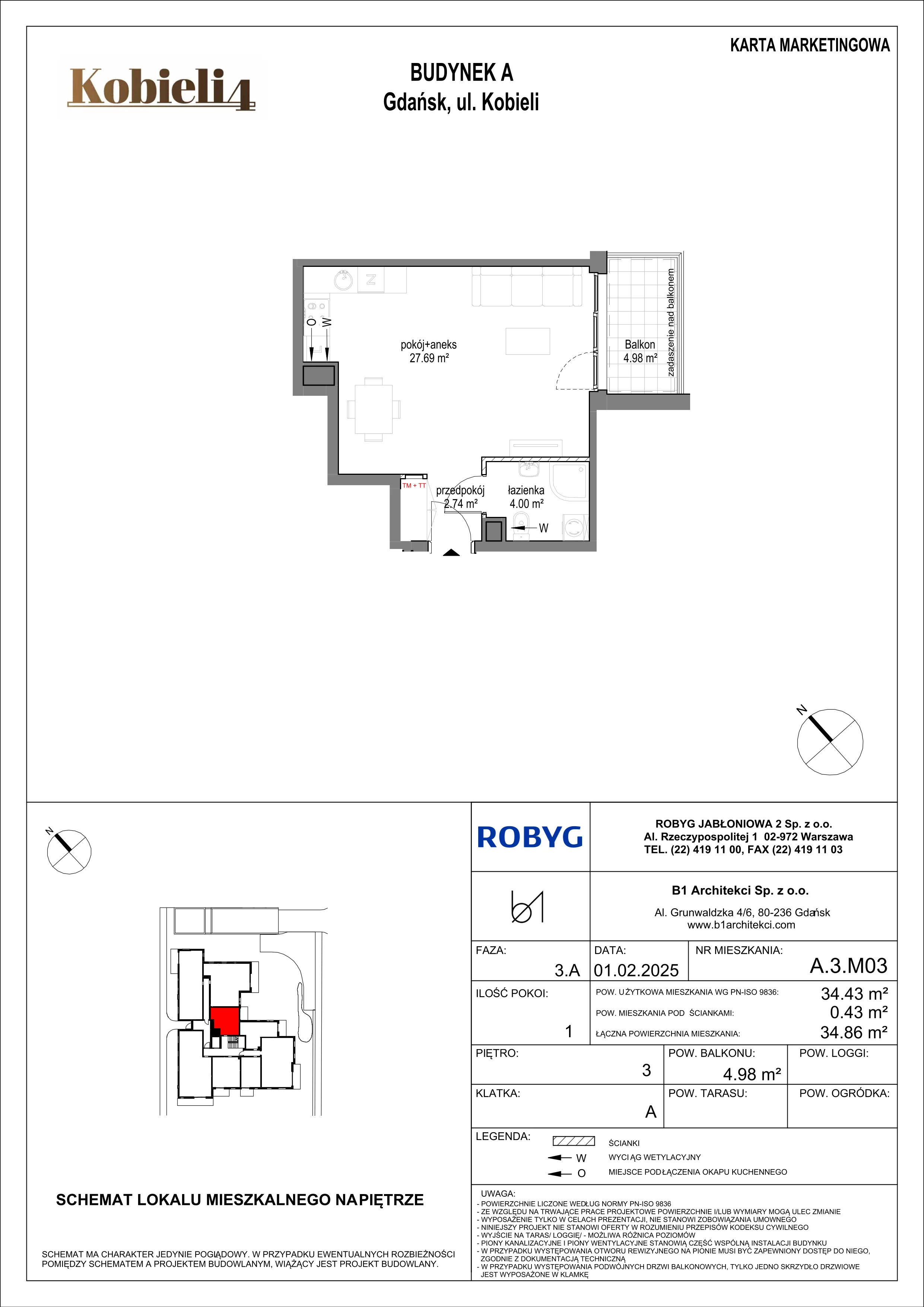 1 pokój, mieszkanie 34,43 m², piętro 3, oferta nr A.3M03, KOBIELI 4, Gdańsk, Brzeźno, ul. Bogumiła Kobieli / Gdańska