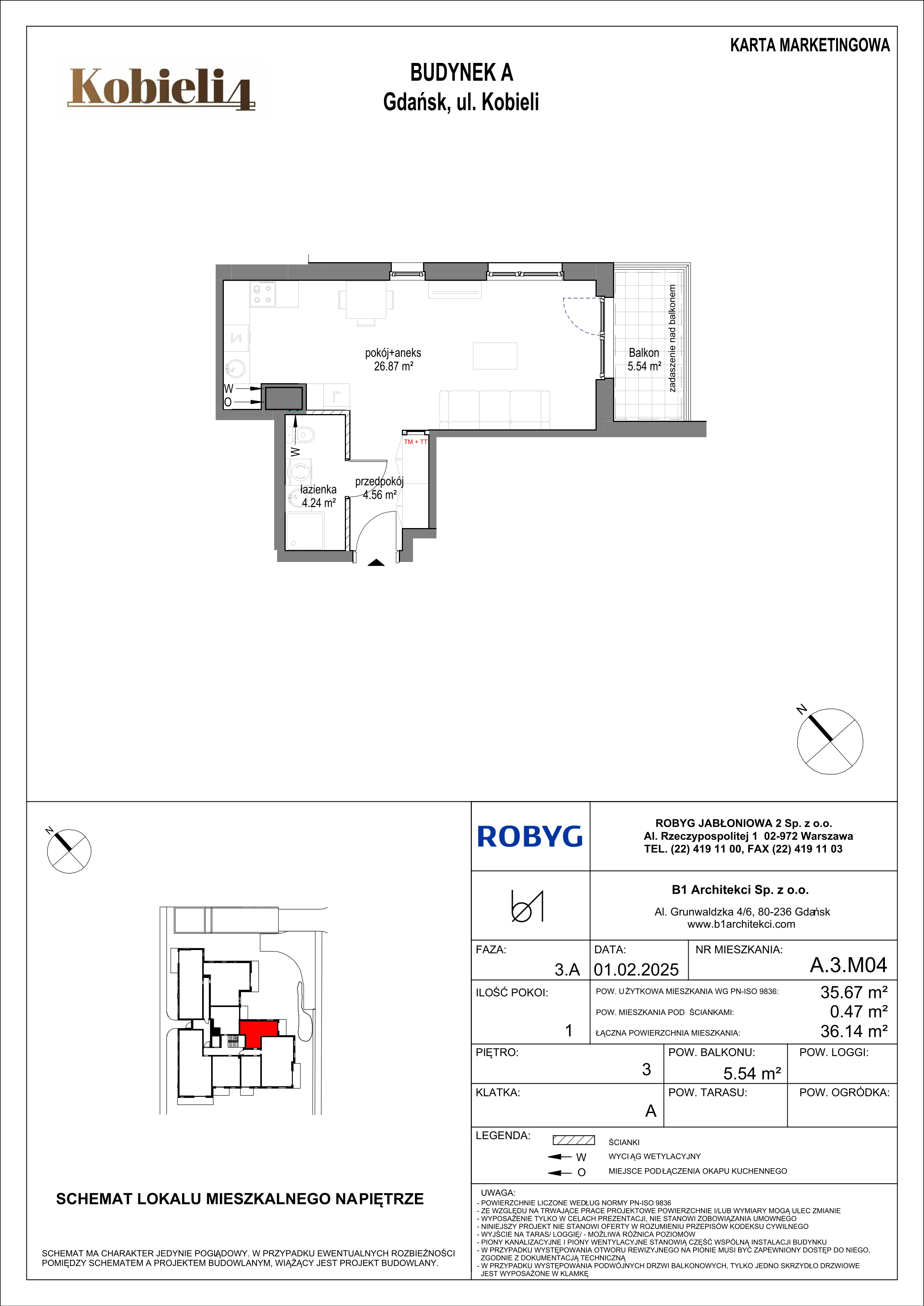 1 pokój, mieszkanie 35,67 m², piętro 3, oferta nr A.3M04, KOBIELI 4, Gdańsk, Brzeźno, ul. Bogumiła Kobieli / Gdańska