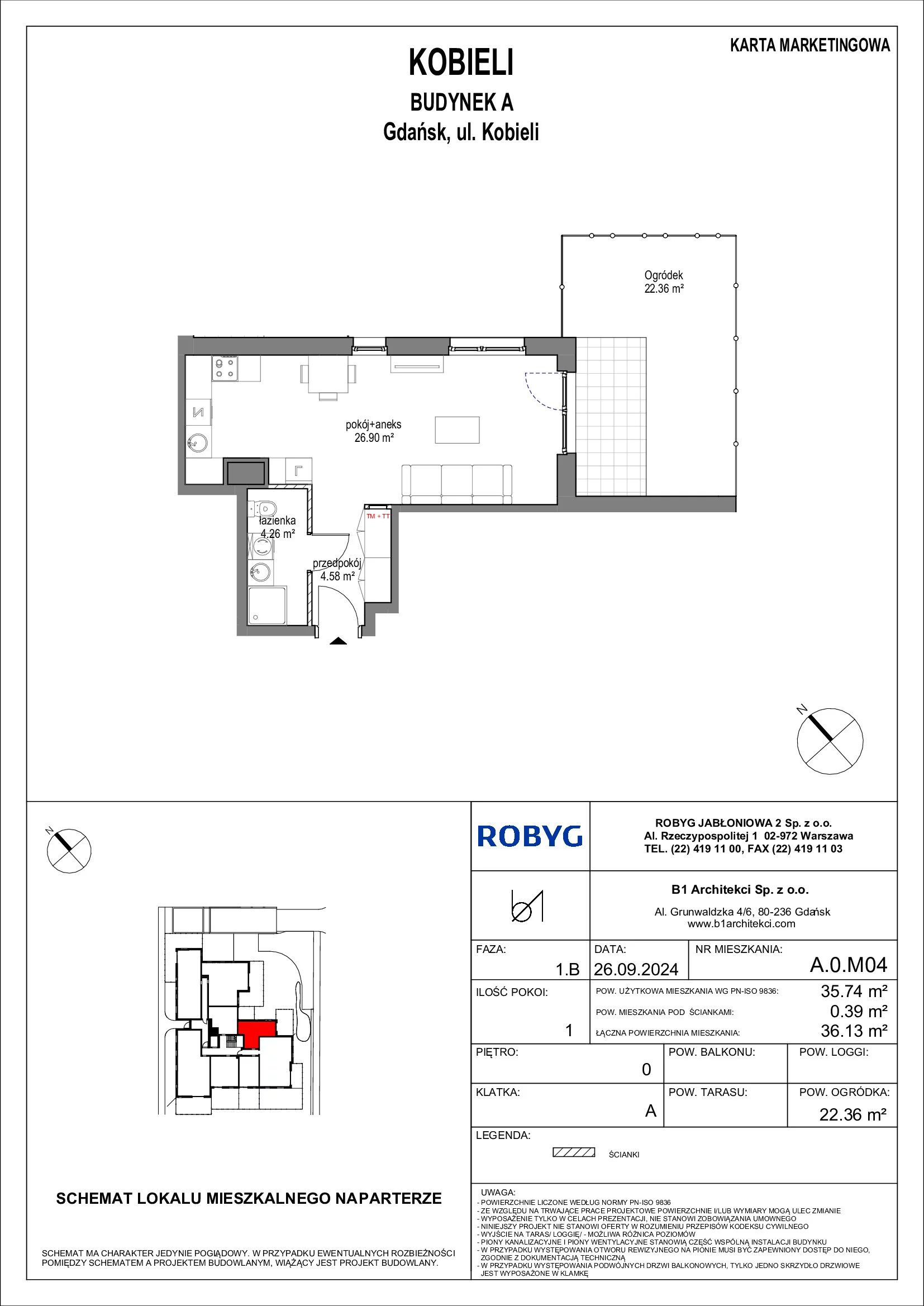 Mieszkanie 35,74 m², parter, oferta nr A.0M04, KOBIELI 4, Gdańsk, Brzeźno, ul. Bogumiła Kobieli / Gdańska