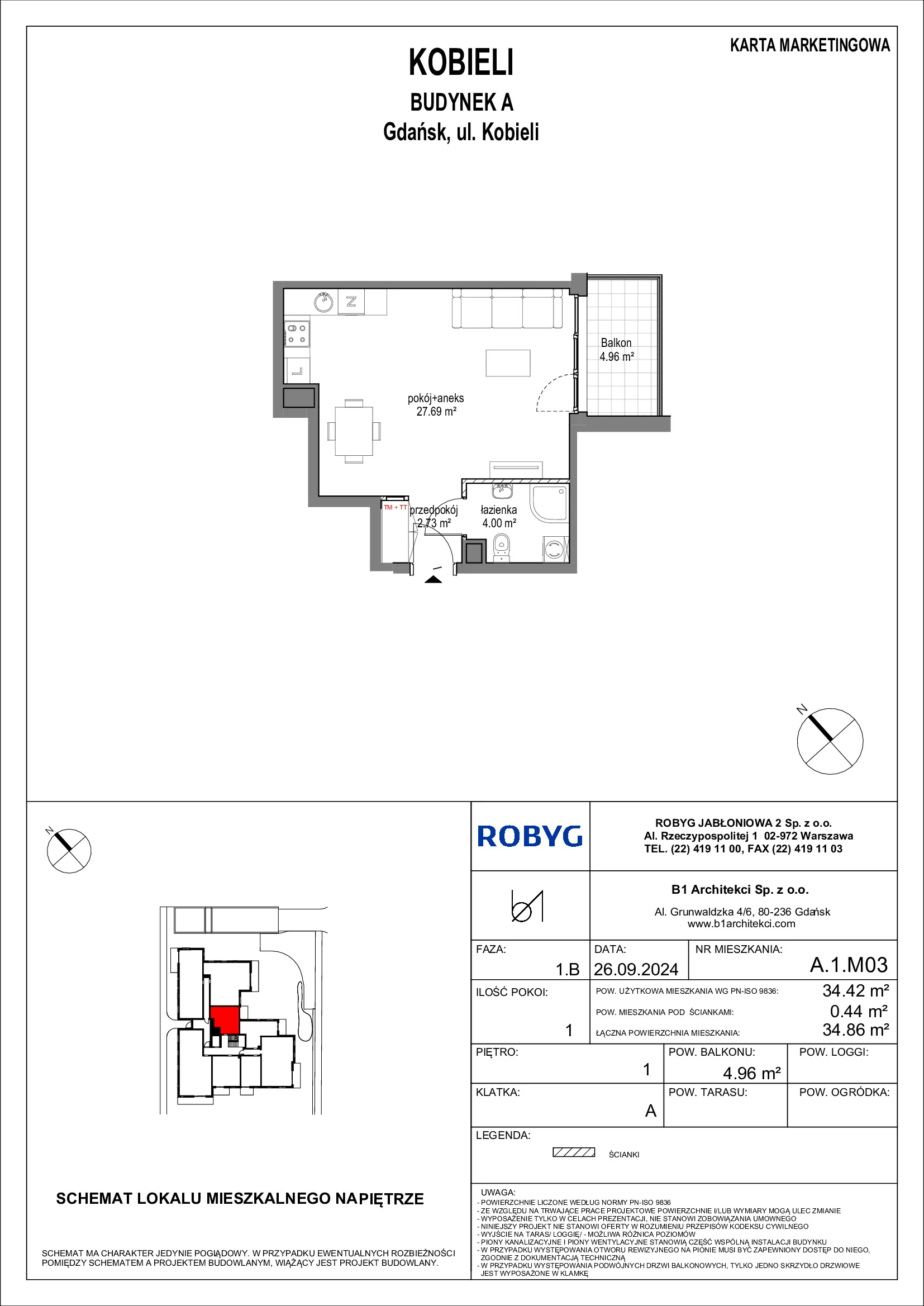 Mieszkanie 34,42 m², piętro 1, oferta nr A.1M03, KOBIELI 4, Gdańsk, Brzeźno, ul. Bogumiła Kobieli / Gdańska