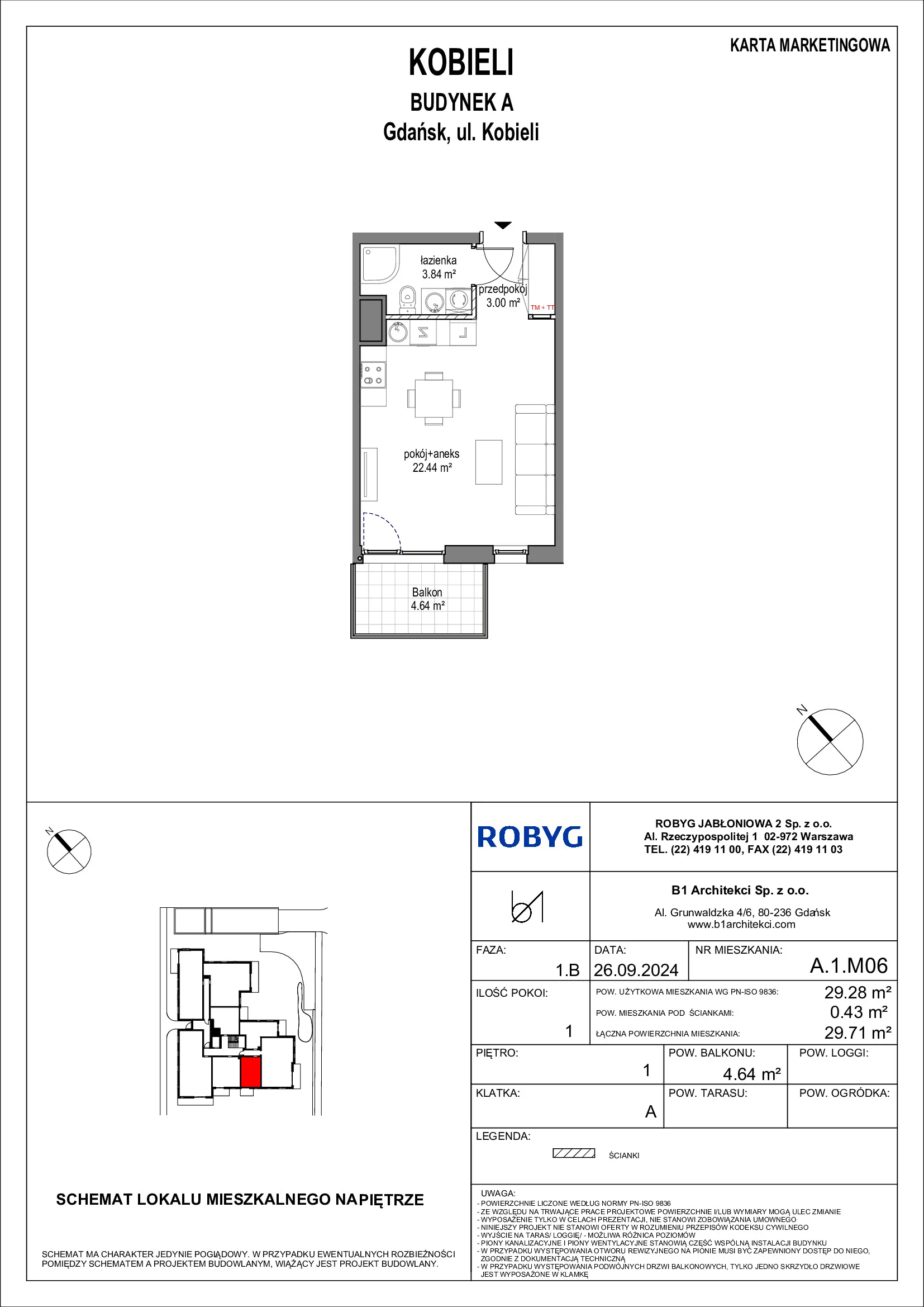 Mieszkanie 29,28 m², piętro 1, oferta nr A.1M06, KOBIELI 4, Gdańsk, Brzeźno, ul. Bogumiła Kobieli / Gdańska