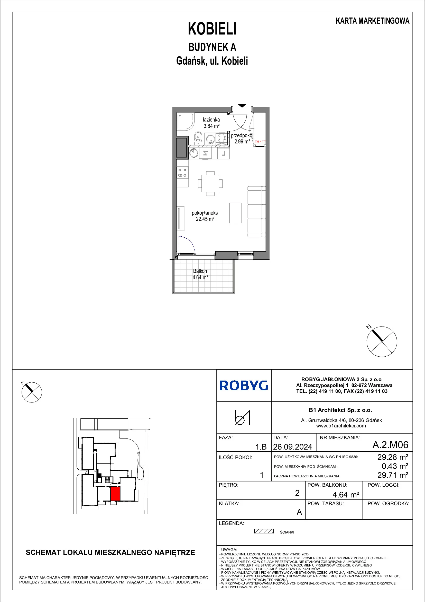 Mieszkanie 29,28 m², piętro 2, oferta nr A.2M06, KOBIELI 4, Gdańsk, Brzeźno, ul. Bogumiła Kobieli / Gdańska