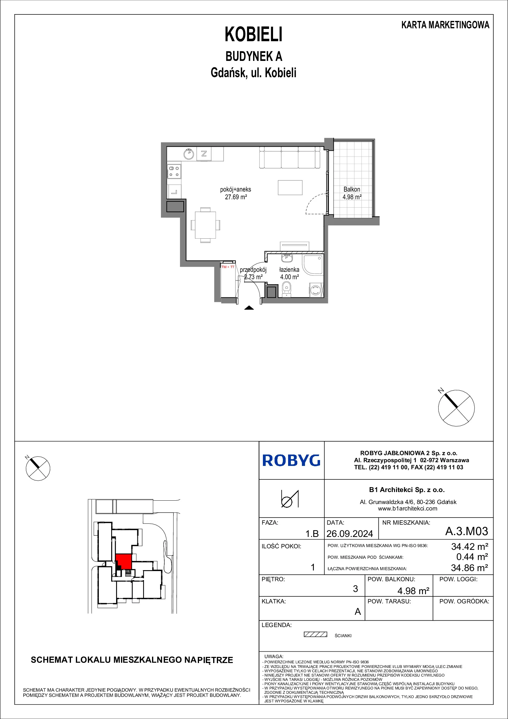 Mieszkanie 34,42 m², piętro 3, oferta nr A.3M03, KOBIELI 4, Gdańsk, Brzeźno, ul. Bogumiła Kobieli / Gdańska