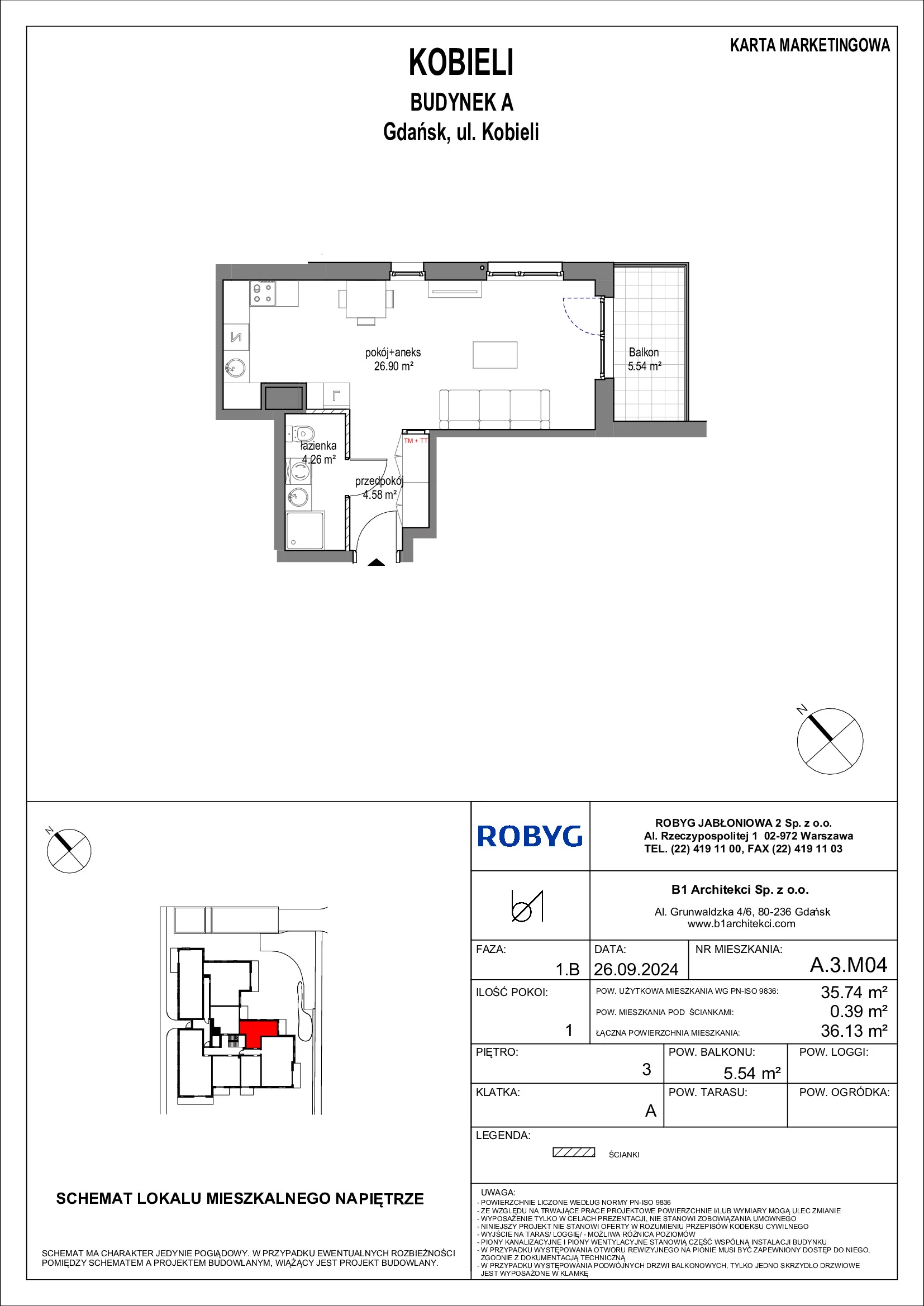 Mieszkanie 35,74 m², piętro 3, oferta nr A.3M04, KOBIELI 4, Gdańsk, Brzeźno, ul. Bogumiła Kobieli / Gdańska