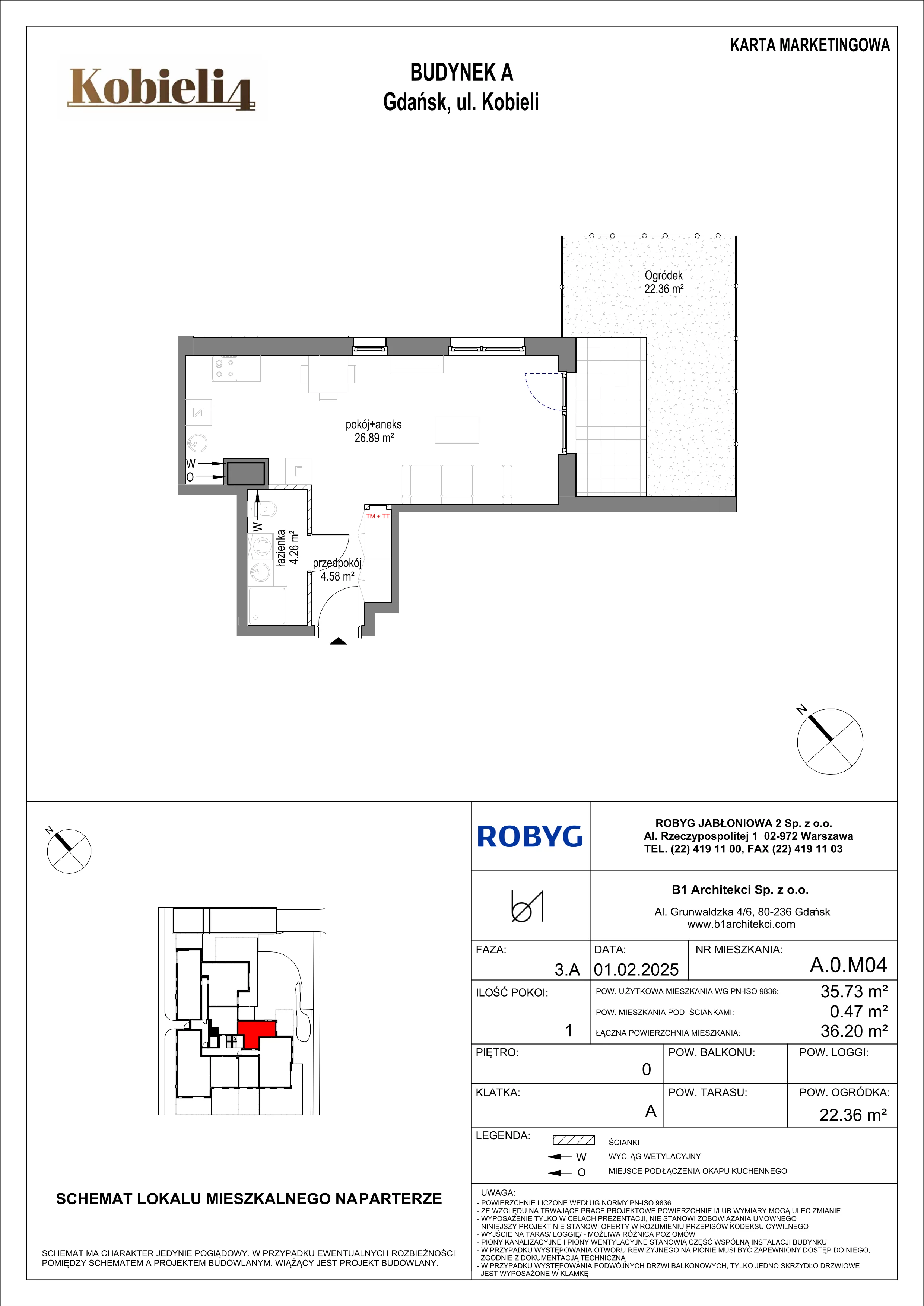 1 pokój, mieszkanie 35,73 m², parter, oferta nr A.0M04, KOBIELI 4, Gdańsk, Brzeźno, ul. Bogumiła Kobieli / Gdańska