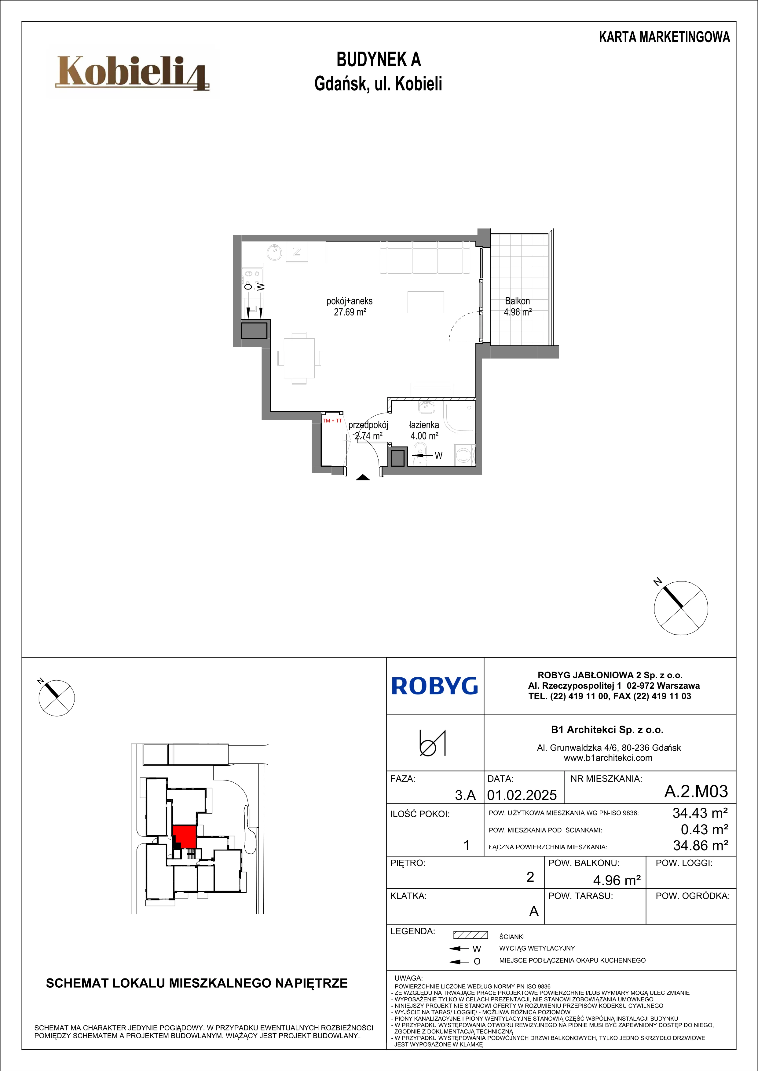 1 pokój, mieszkanie 34,43 m², piętro 2, oferta nr A.2M03, KOBIELI 4, Gdańsk, Brzeźno, ul. Bogumiła Kobieli / Gdańska