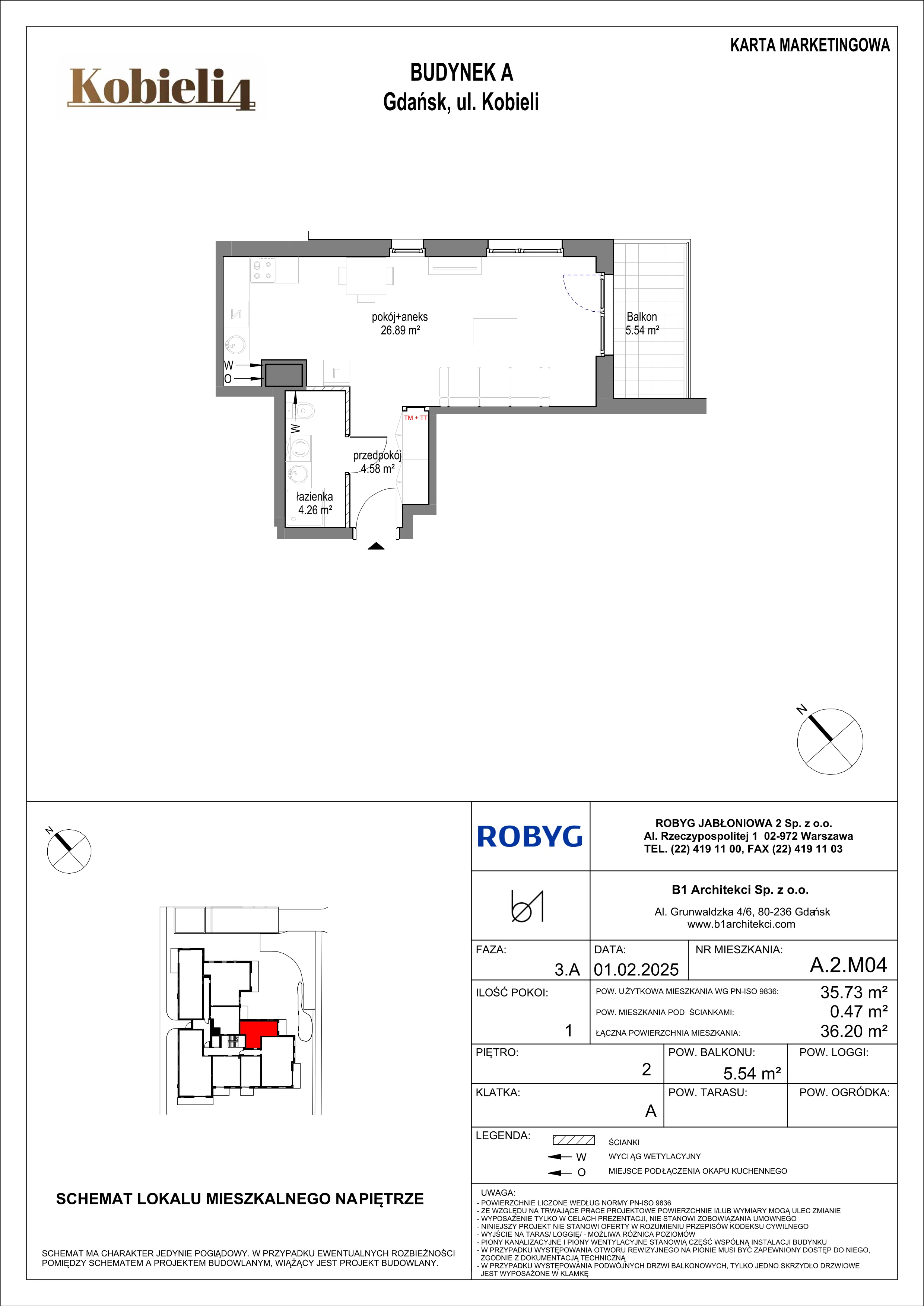 1 pokój, mieszkanie 35,73 m², piętro 2, oferta nr A.2M04, KOBIELI 4, Gdańsk, Brzeźno, ul. Bogumiła Kobieli / Gdańska