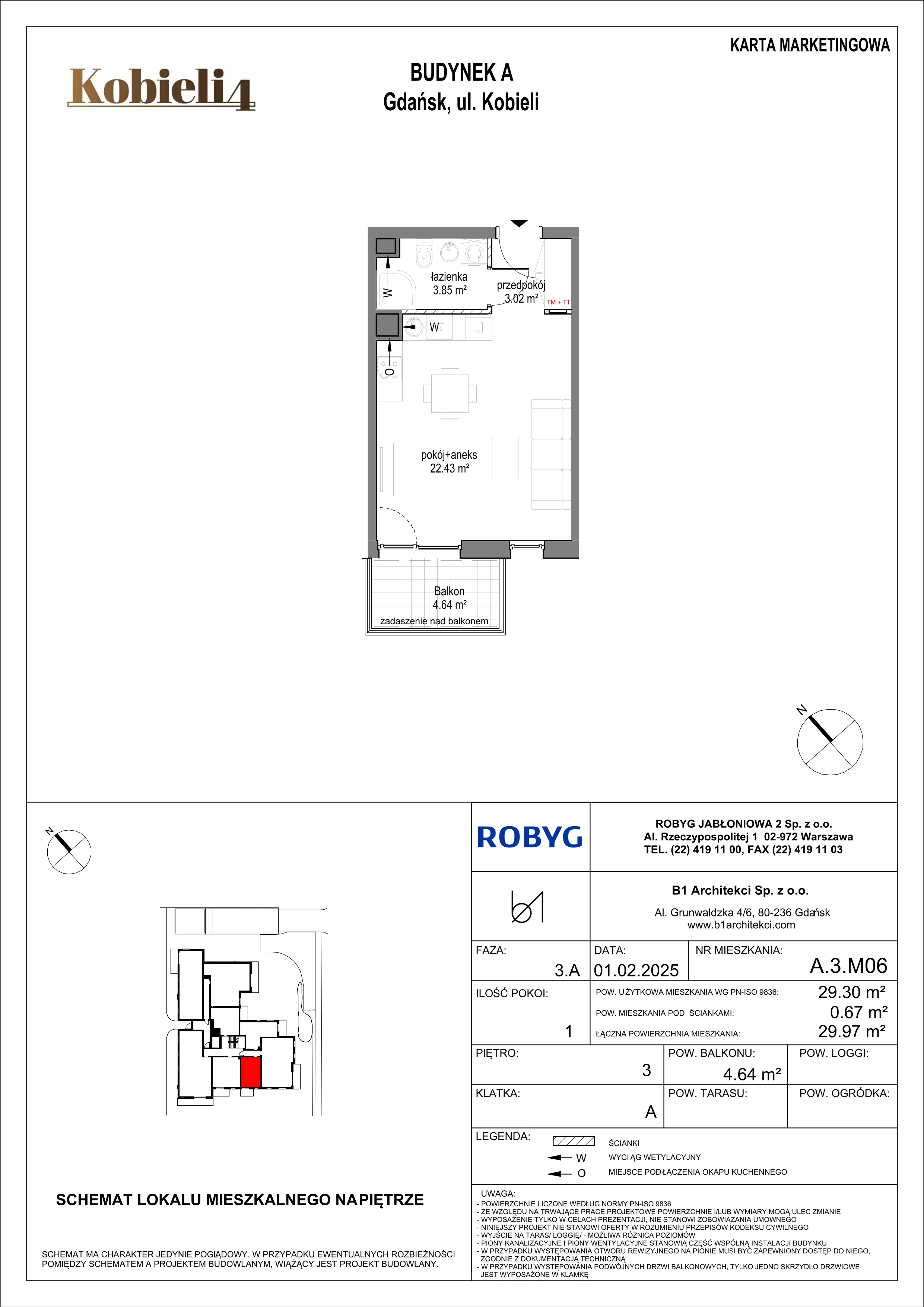 1 pokój, mieszkanie 29,30 m², piętro 3, oferta nr A.3M06, KOBIELI 4, Gdańsk, Brzeźno, ul. Bogumiła Kobieli / Gdańska