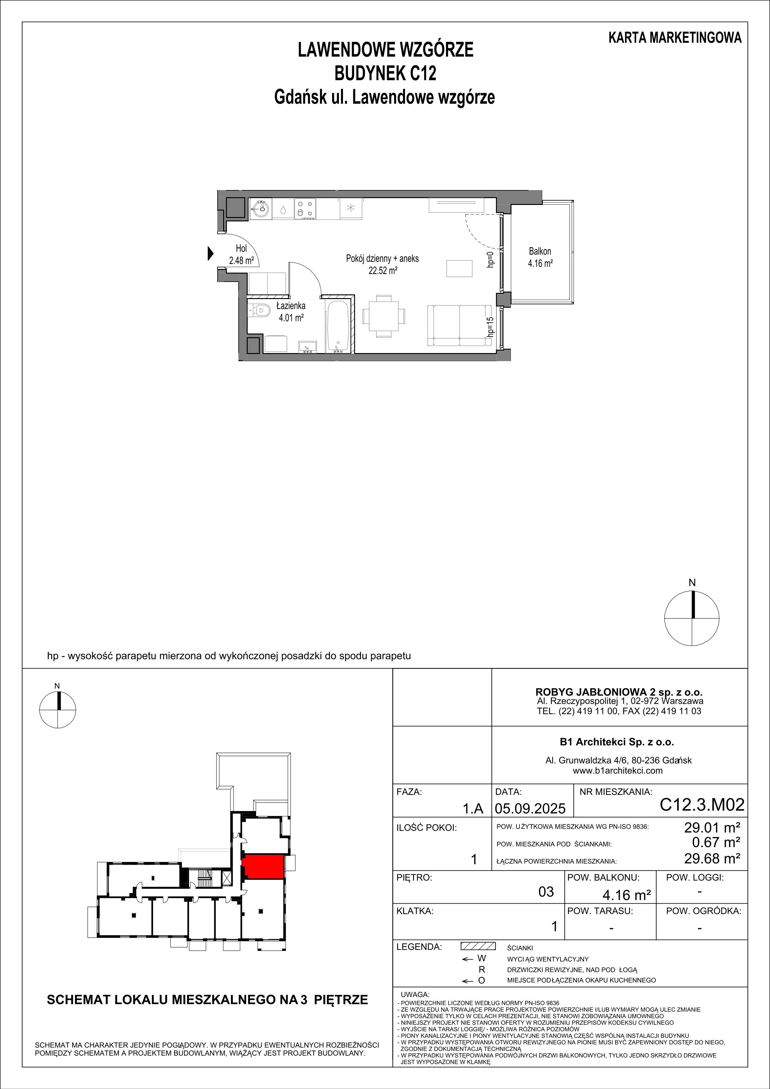 1 pokój, mieszkanie 29,01 m², piętro 3, oferta nr C12.3M02, Lawendowe Wzgórza, Gdańsk, Jasień, ul. Lawendowe Wzgórze