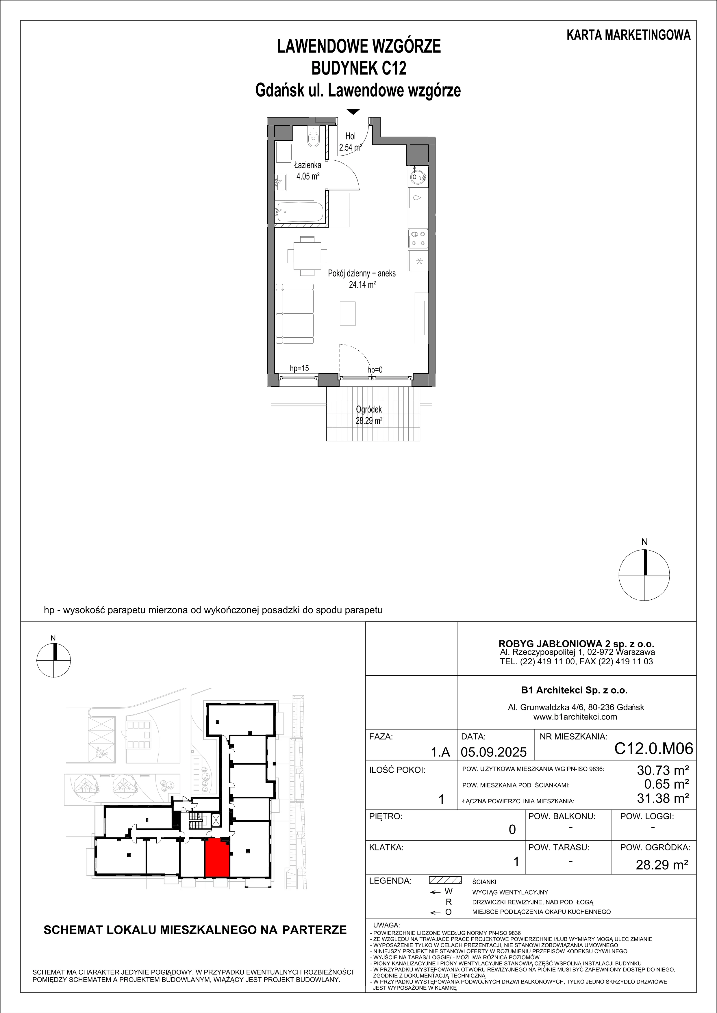 1 pokój, mieszkanie 30,73 m², parter, oferta nr C12.0M06, Lawendowe Wzgórza, Gdańsk, Jasień, ul. Lawendowe Wzgórze