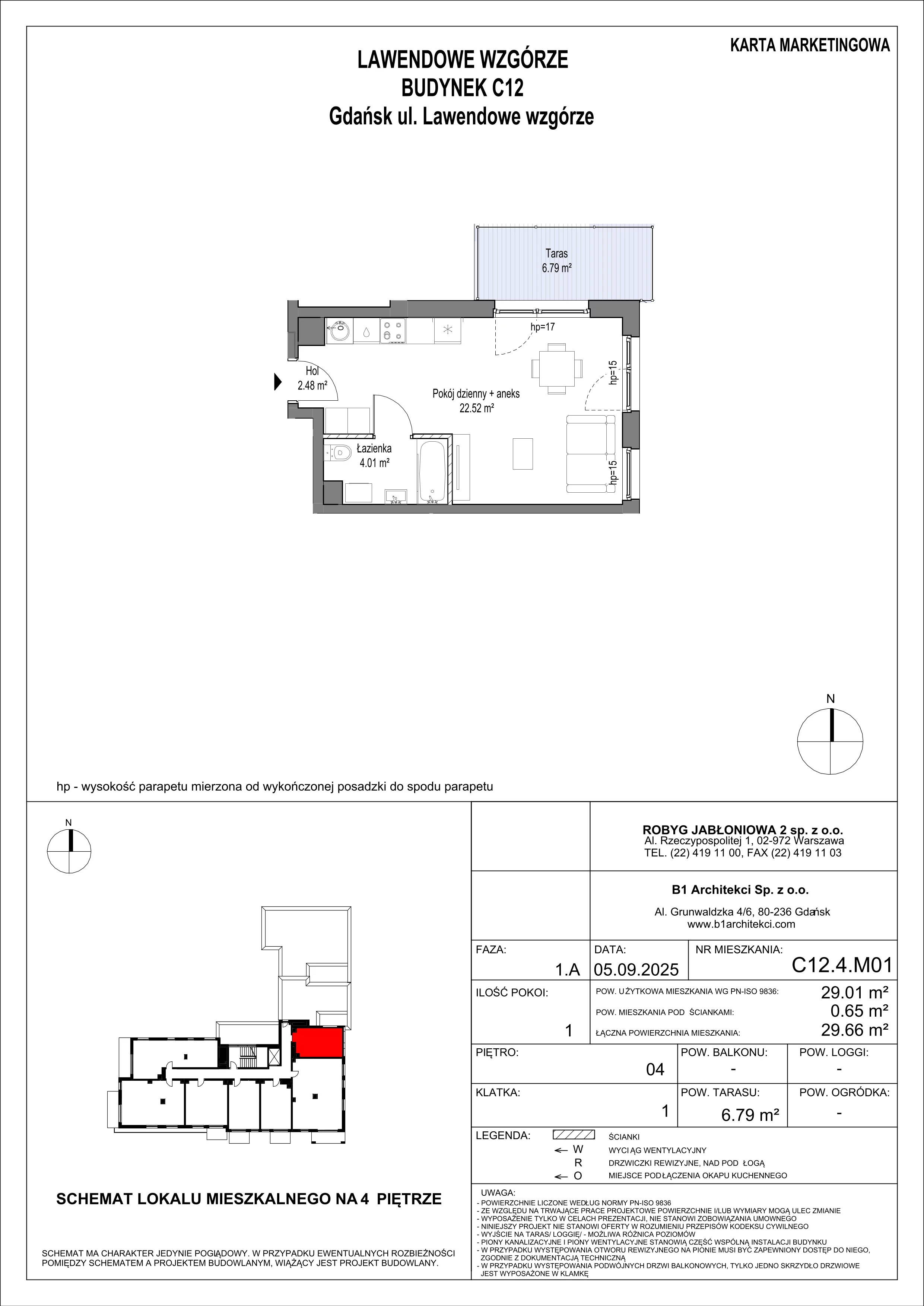 1 pokój, mieszkanie 29,01 m², piętro 4, oferta nr C12.4M01, Lawendowe Wzgórza, Gdańsk, Jasień, ul. Lawendowe Wzgórze