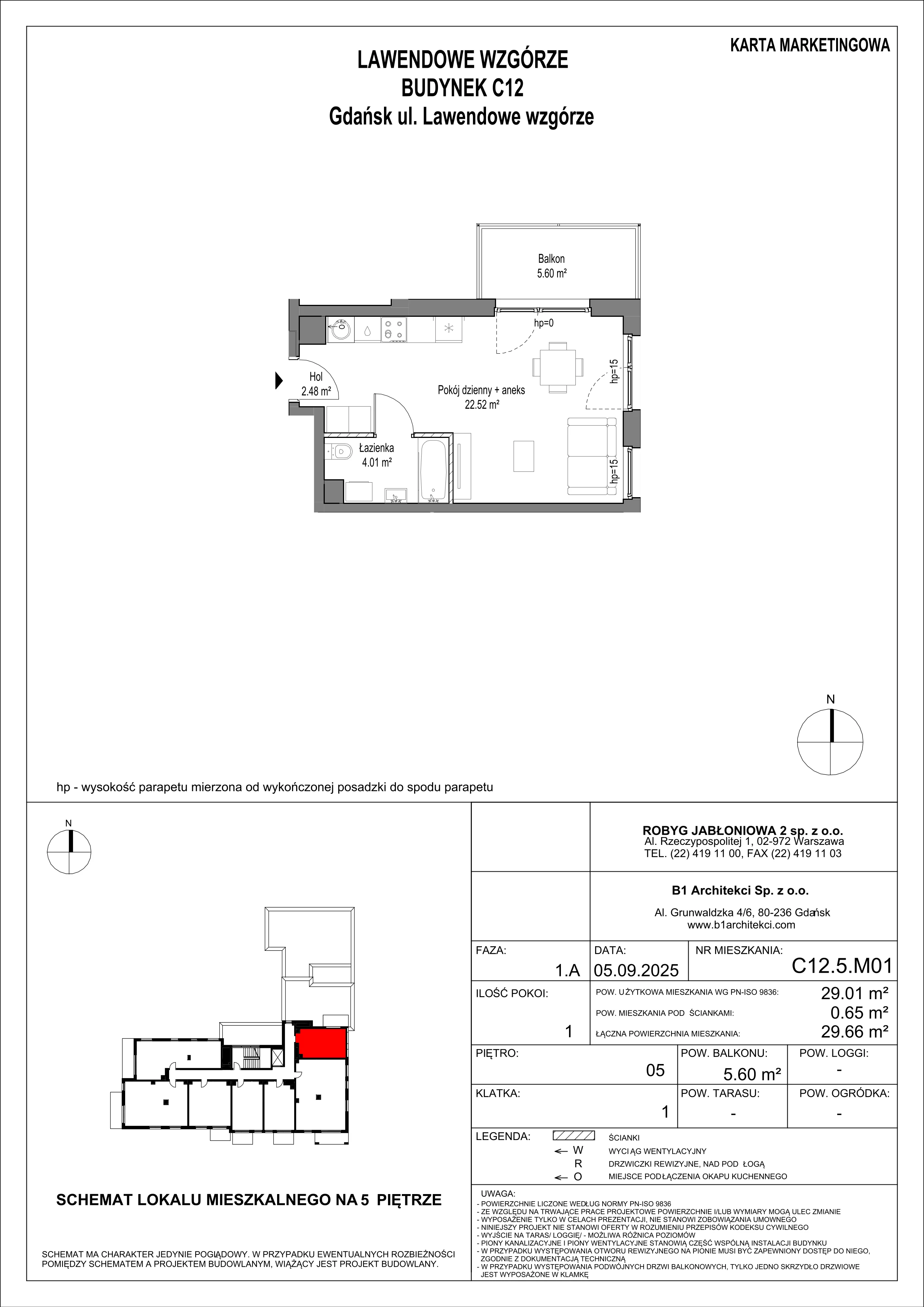 1 pokój, mieszkanie 29,01 m², piętro 5, oferta nr C12.5M01, Lawendowe Wzgórza, Gdańsk, Jasień, ul. Lawendowe Wzgórze
