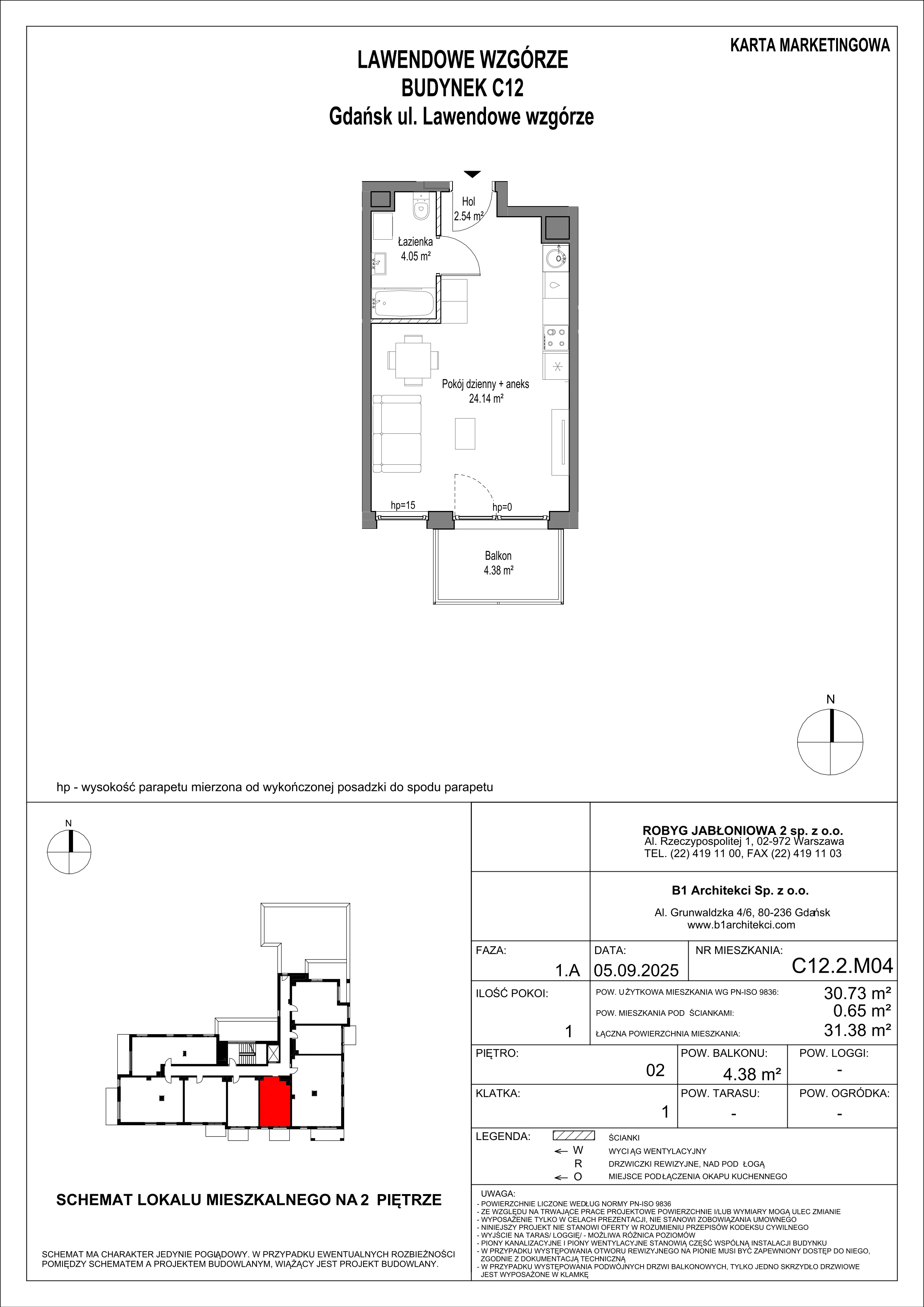 1 pokój, mieszkanie 30,73 m², piętro 2, oferta nr C12.2M04, Lawendowe Wzgórza, Gdańsk, Jasień, ul. Lawendowe Wzgórze