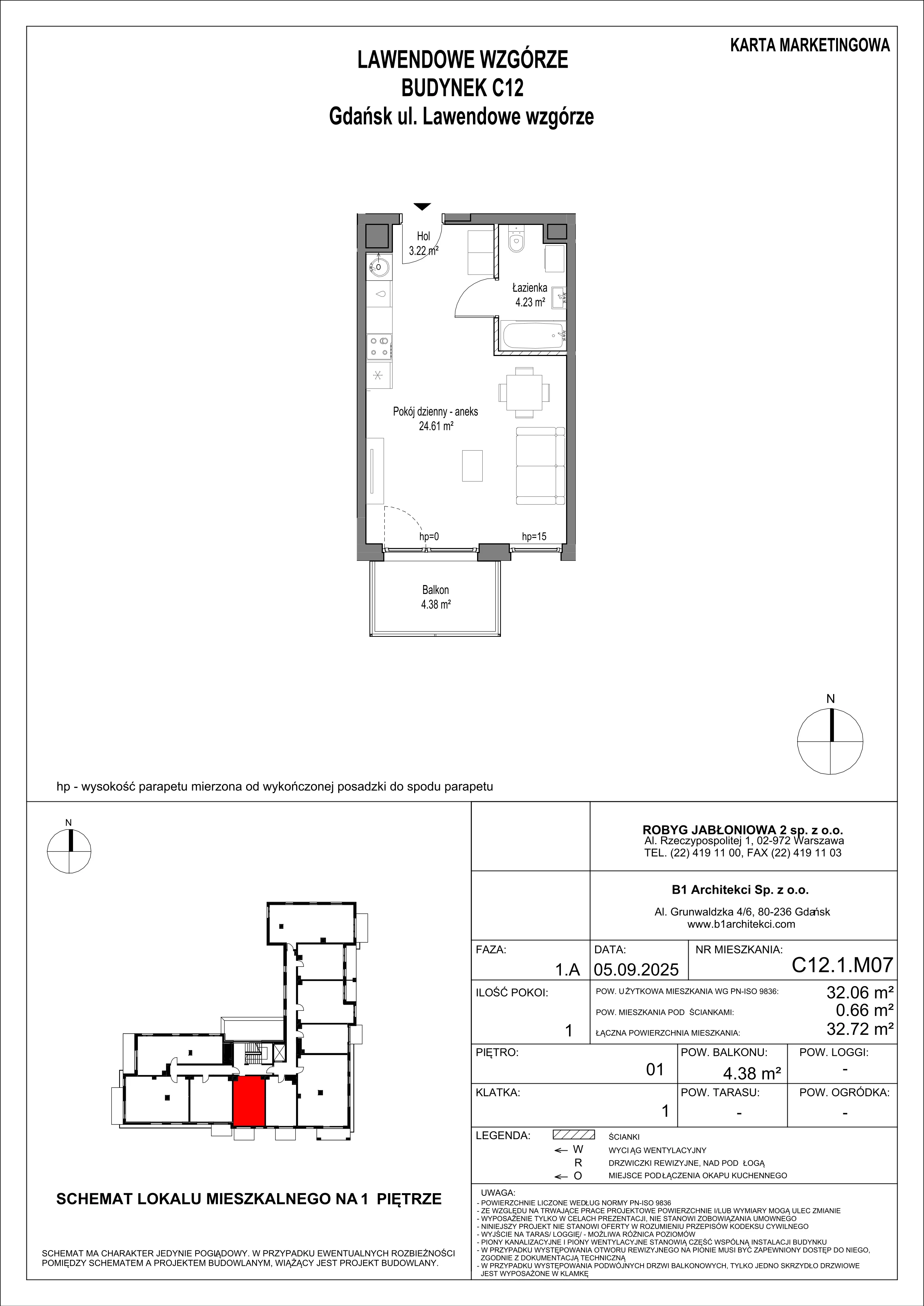 1 pokój, mieszkanie 32,06 m², piętro 1, oferta nr C12.1M07, Lawendowe Wzgórza, Gdańsk, Jasień, ul. Lawendowe Wzgórze