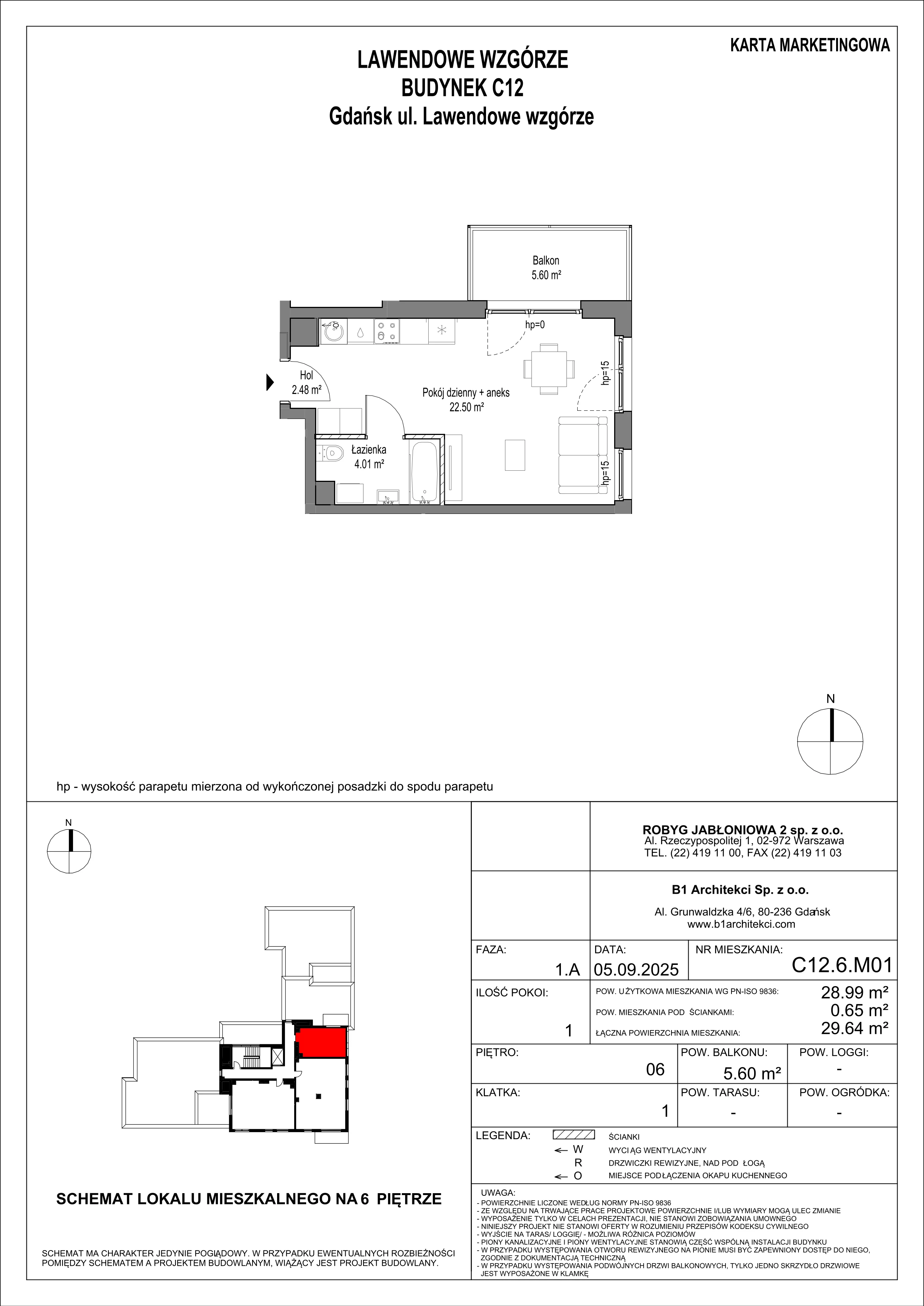 1 pokój, mieszkanie 28,99 m², piętro 6, oferta nr C12.6M01, Lawendowe Wzgórza, Gdańsk, Jasień, ul. Lawendowe Wzgórze