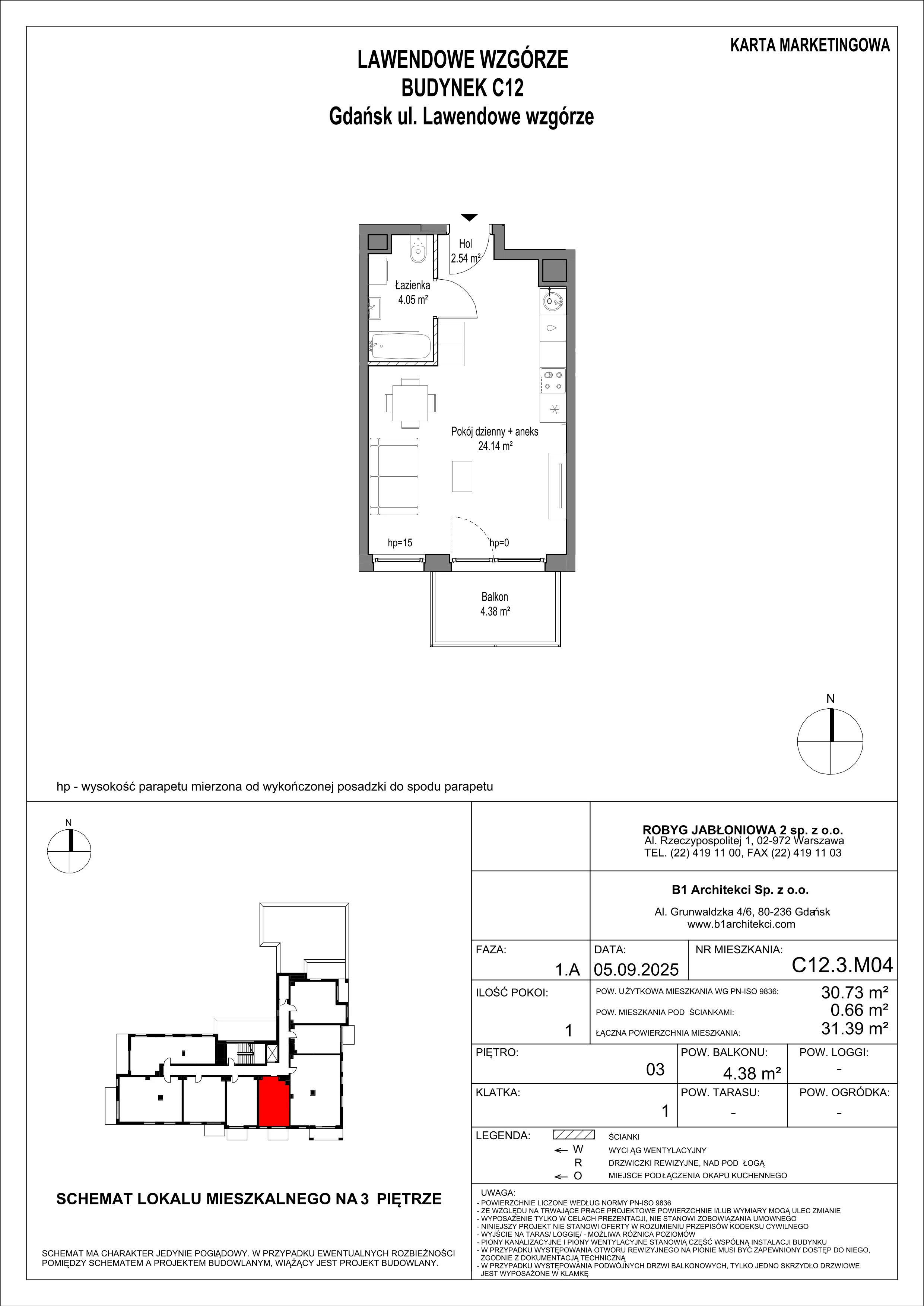 1 pokój, mieszkanie 30,73 m², piętro 3, oferta nr C12.3M04, Lawendowe Wzgórza, Gdańsk, Jasień, ul. Lawendowe Wzgórze