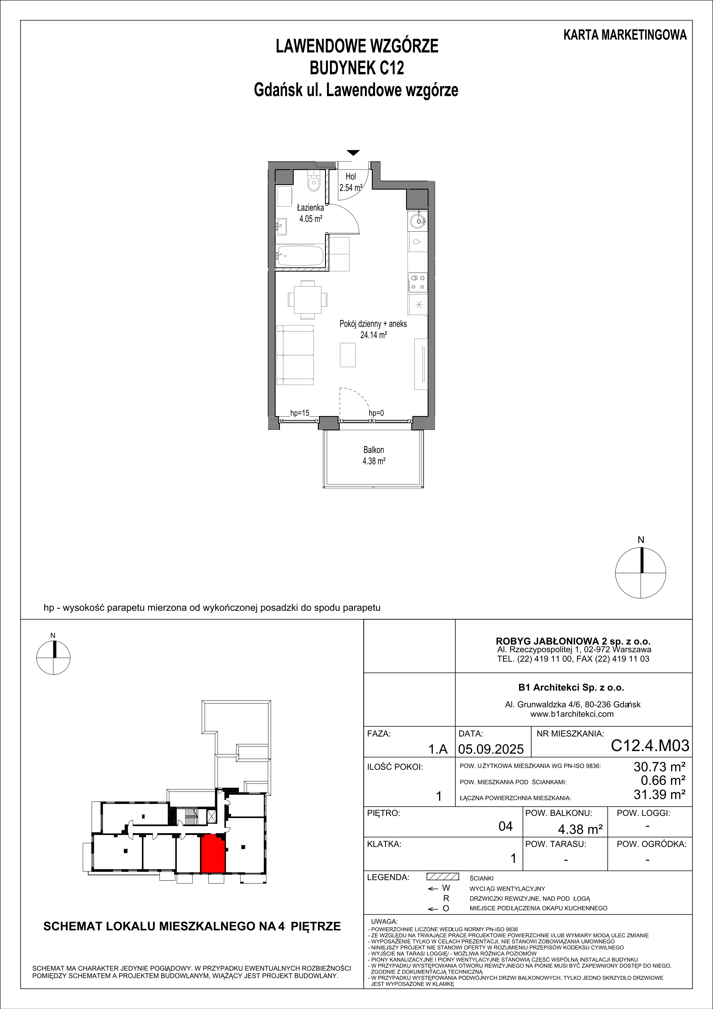 1 pokój, mieszkanie 30,73 m², piętro 4, oferta nr C12.4M03, Lawendowe Wzgórza, Gdańsk, Jasień, ul. Lawendowe Wzgórze