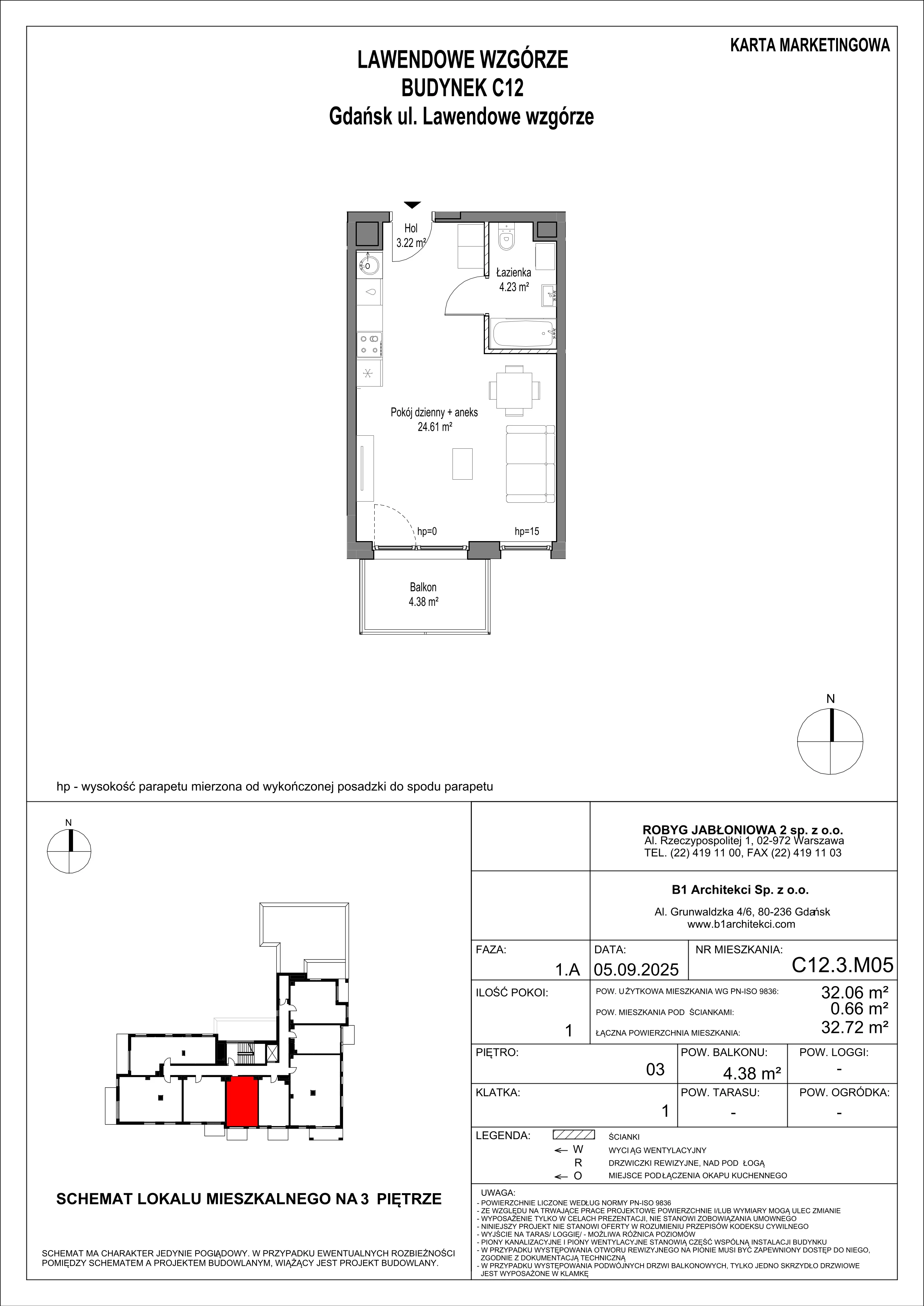 1 pokój, mieszkanie 32,06 m², piętro 3, oferta nr C12.3M05, Lawendowe Wzgórza, Gdańsk, Jasień, ul. Lawendowe Wzgórze