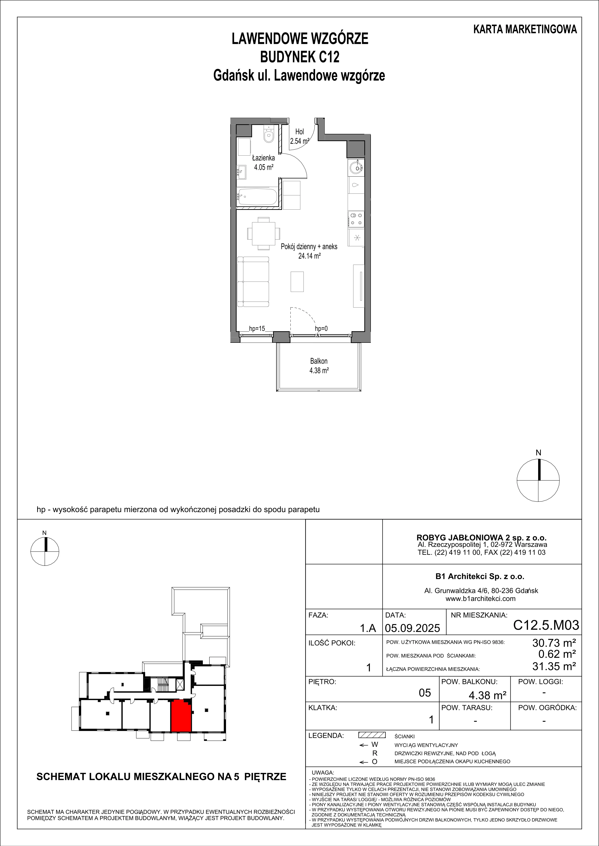 1 pokój, mieszkanie 30,73 m², piętro 5, oferta nr C12.5M03, Lawendowe Wzgórza, Gdańsk, Jasień, ul. Lawendowe Wzgórze
