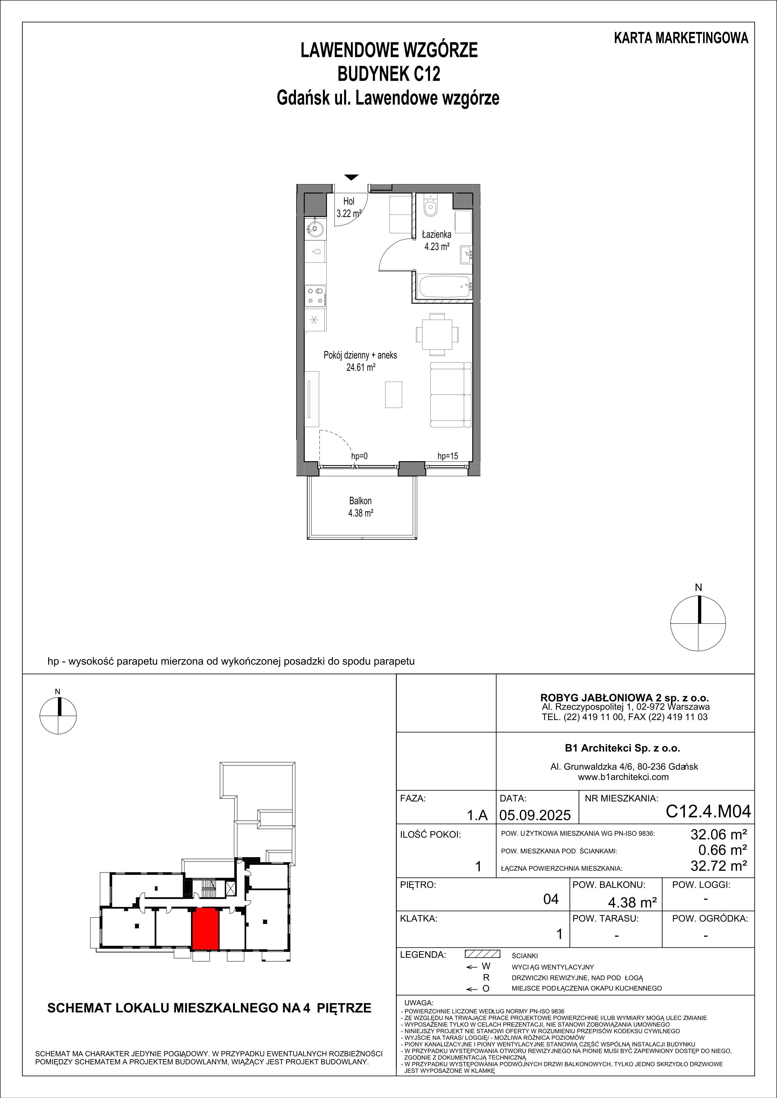 1 pokój, mieszkanie 32,06 m², piętro 4, oferta nr C12.4M04, Lawendowe Wzgórza, Gdańsk, Jasień, ul. Lawendowe Wzgórze