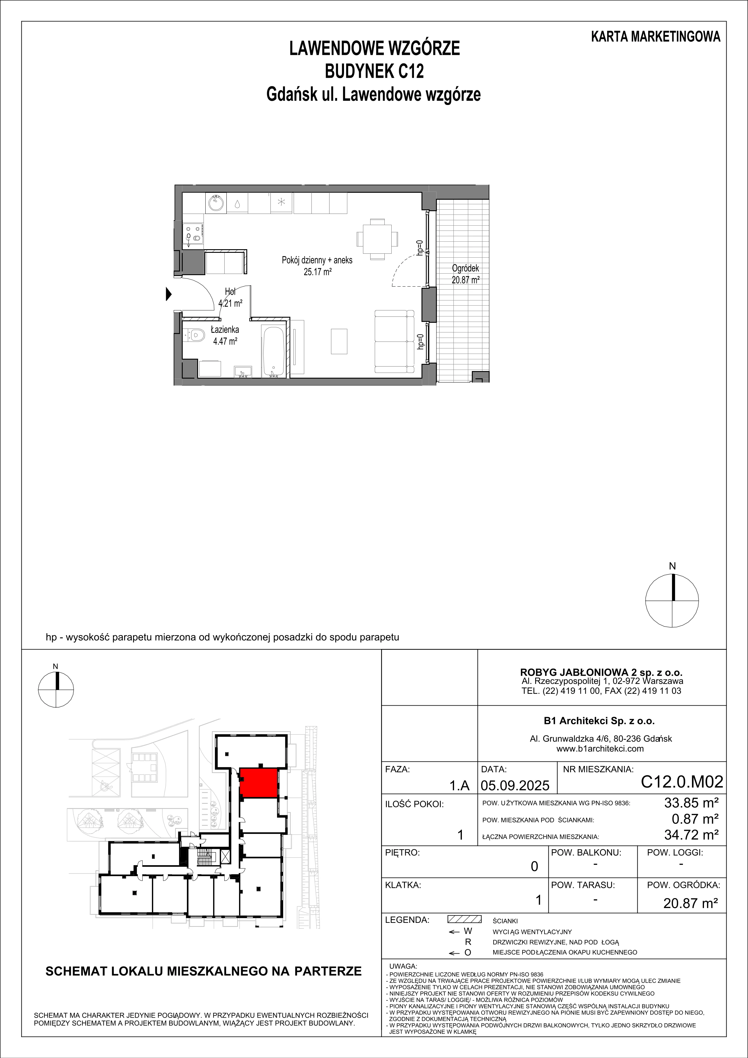 1 pokój, mieszkanie 33,85 m², parter, oferta nr C12.0M02, Lawendowe Wzgórza, Gdańsk, Jasień, ul. Lawendowe Wzgórze