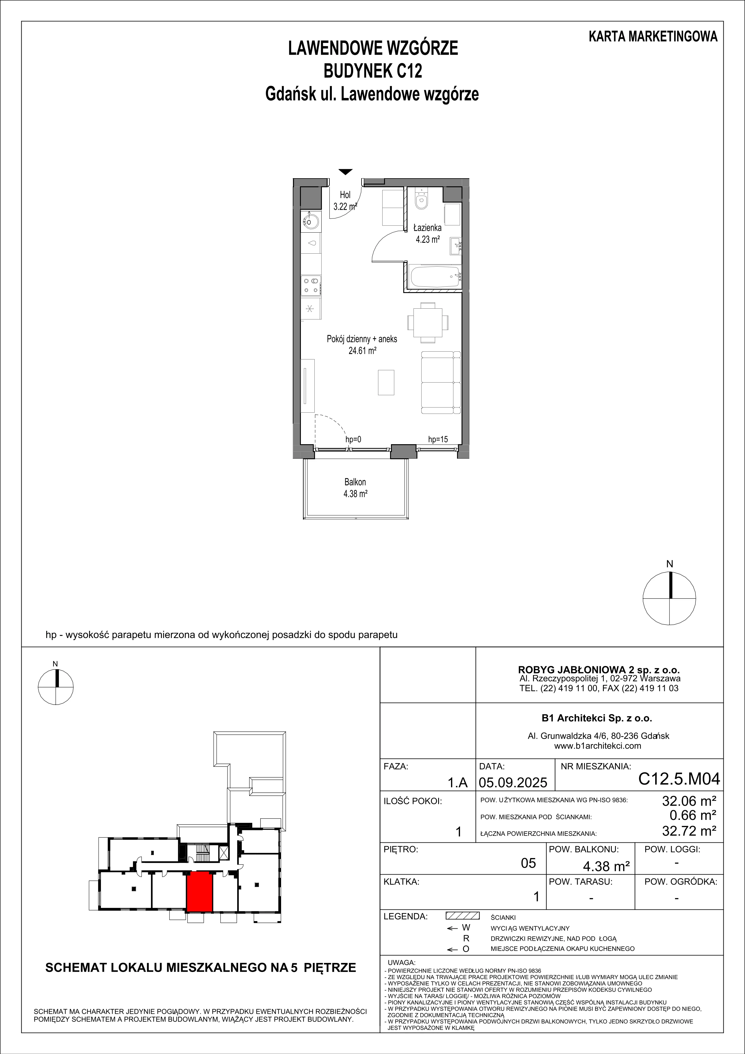 1 pokój, mieszkanie 32,06 m², piętro 5, oferta nr C12.5M04, Lawendowe Wzgórza, Gdańsk, Jasień, ul. Lawendowe Wzgórze