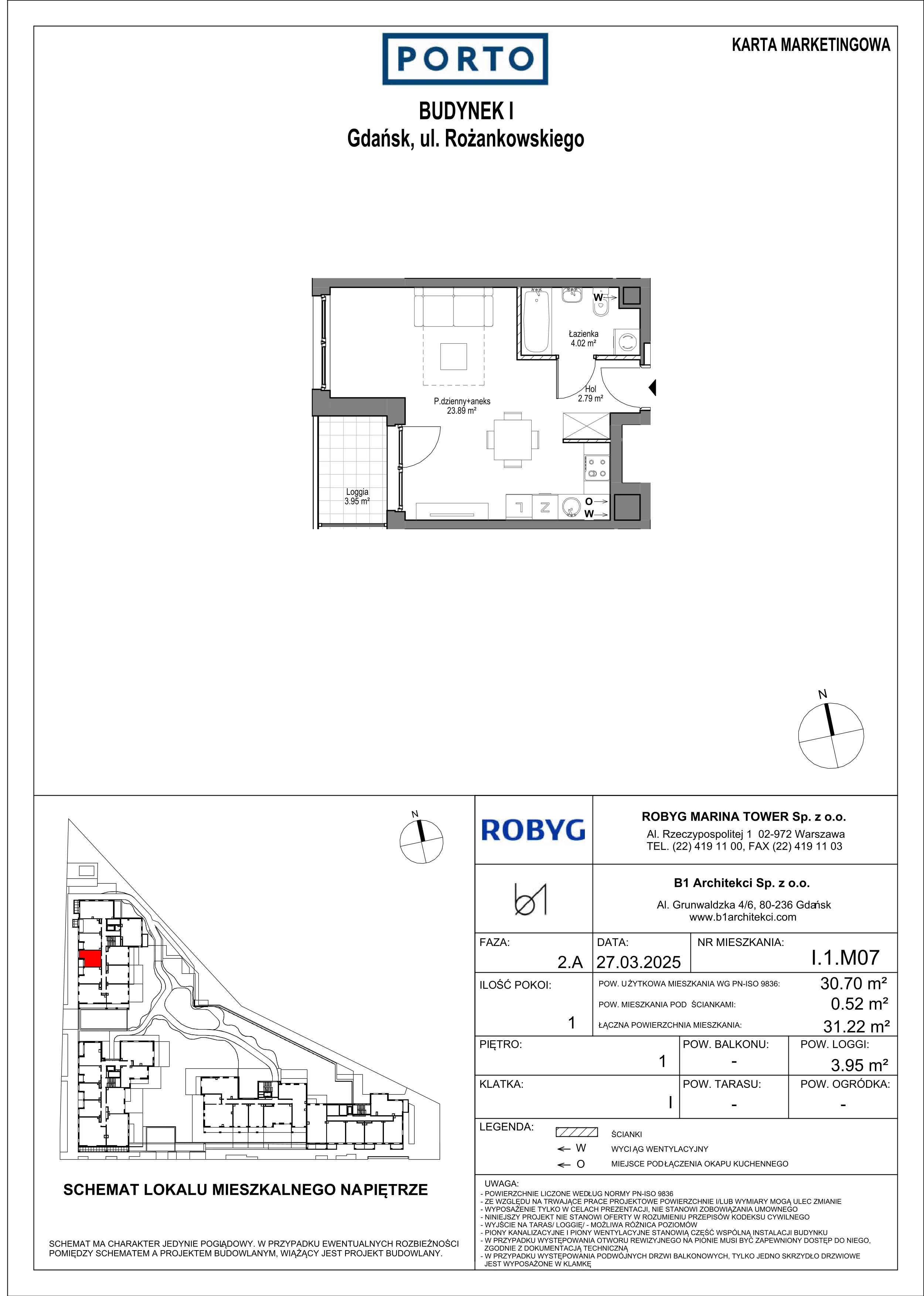 1 pokój, mieszkanie 30,70 m², piętro 1, oferta nr I.1M07, PORTO, Gdańsk, Nowy Port, ul. Letnicka