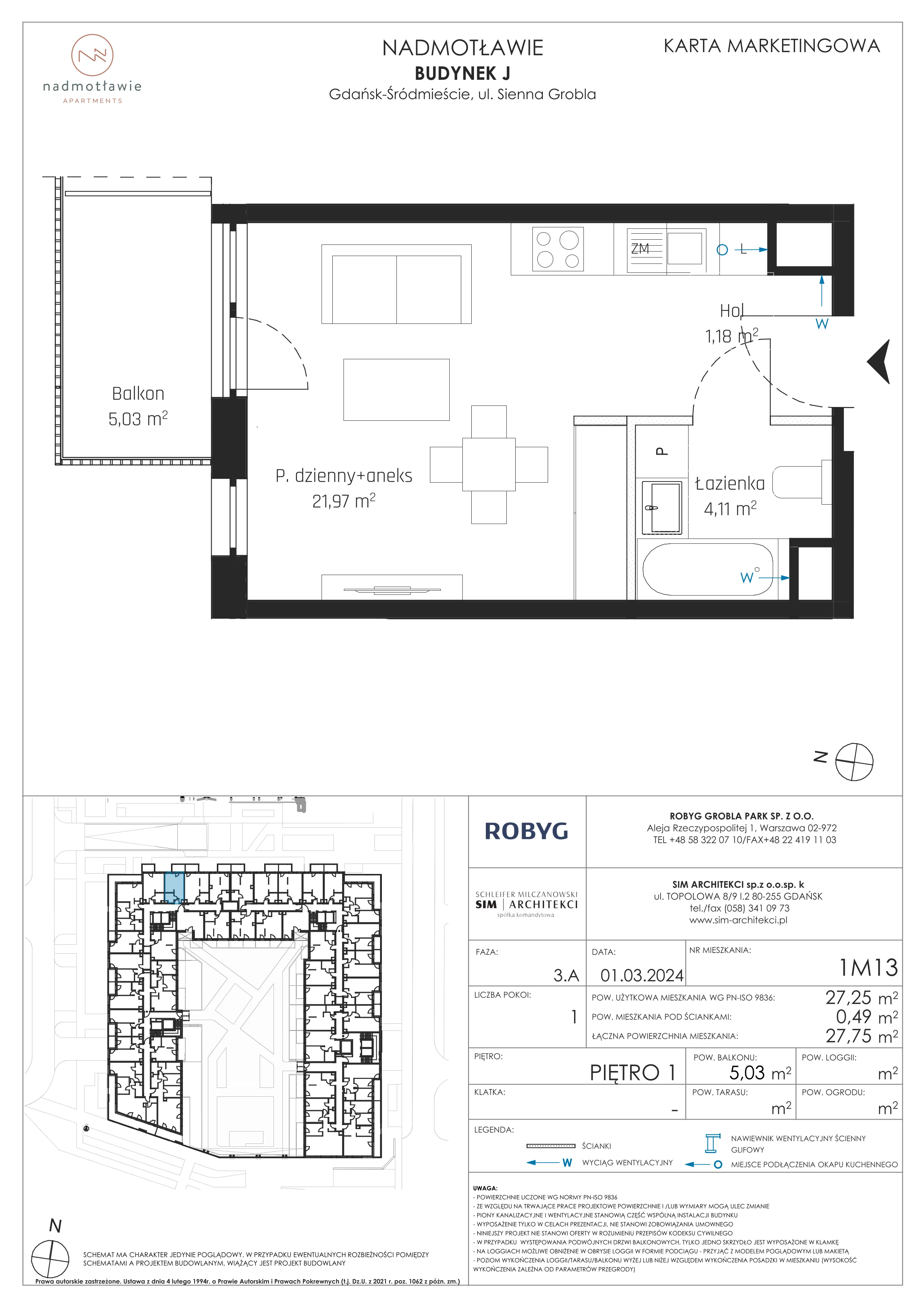 1 pokój, mieszkanie 27,25 m², piętro 1, oferta nr J.1M13, Nadmotławie Apartments, Gdańsk, Śródmieście, ul. Sienna Grobla