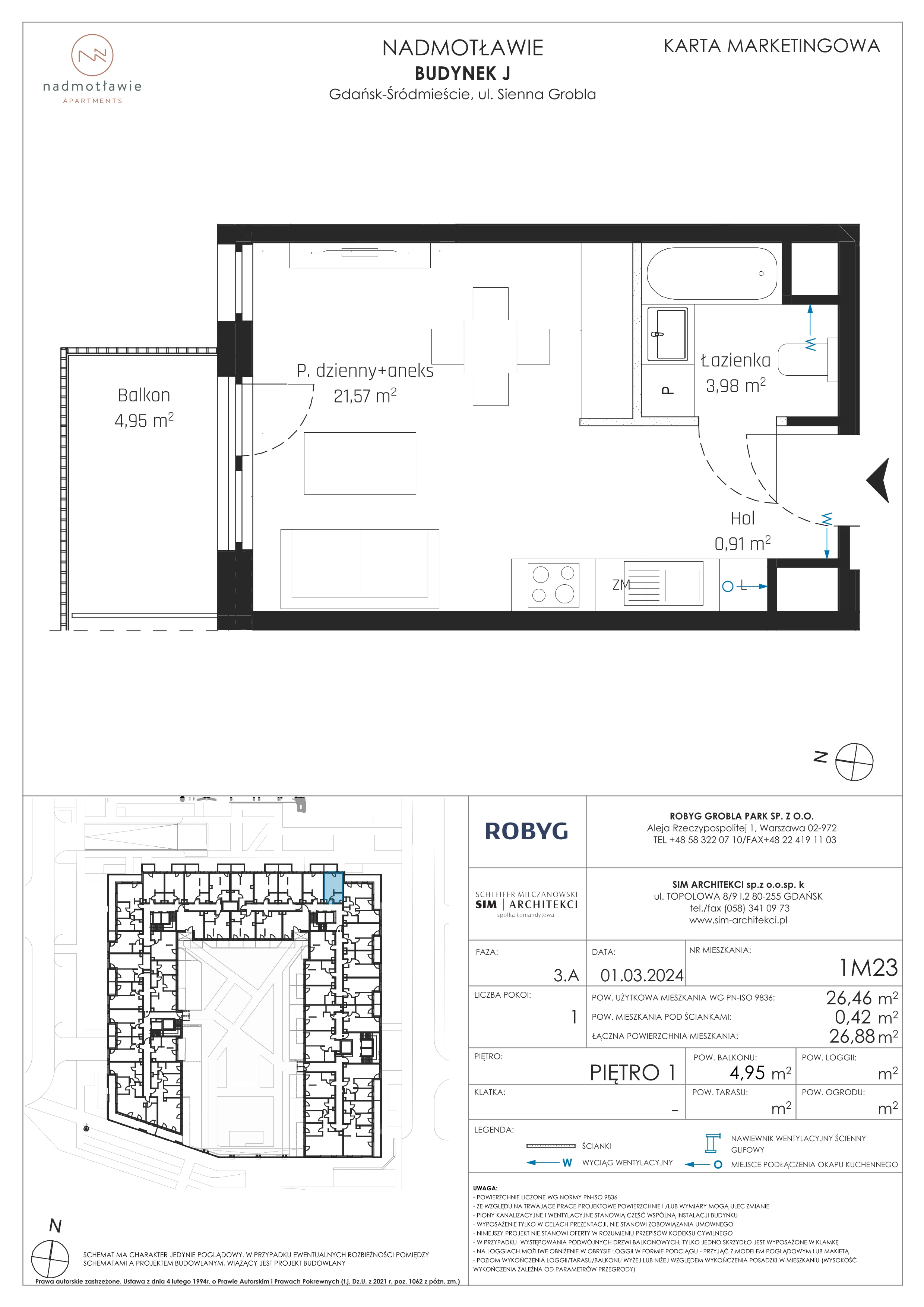 1 pokój, mieszkanie 26,46 m², piętro 1, oferta nr J.1M23, Nadmotławie Apartments, Gdańsk, Śródmieście, ul. Sienna Grobla