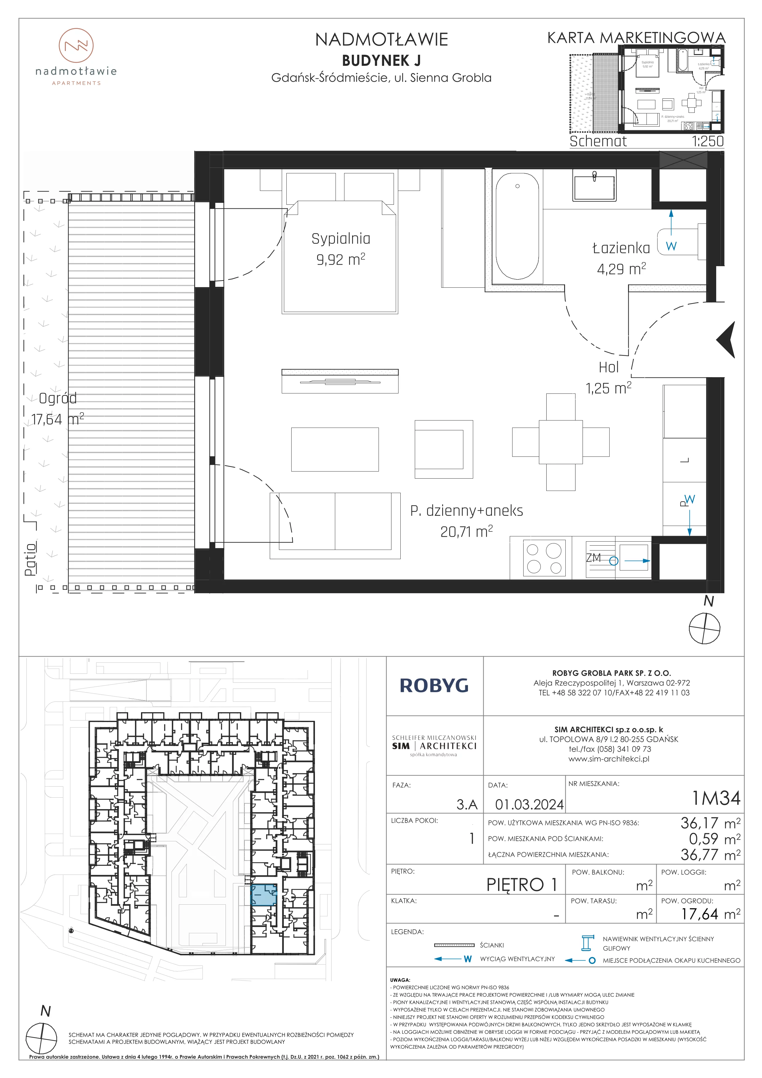 1 pokój, mieszkanie 36,17 m², piętro 1, oferta nr J.1M34, Nadmotławie Apartments, Gdańsk, Śródmieście, ul. Sienna Grobla