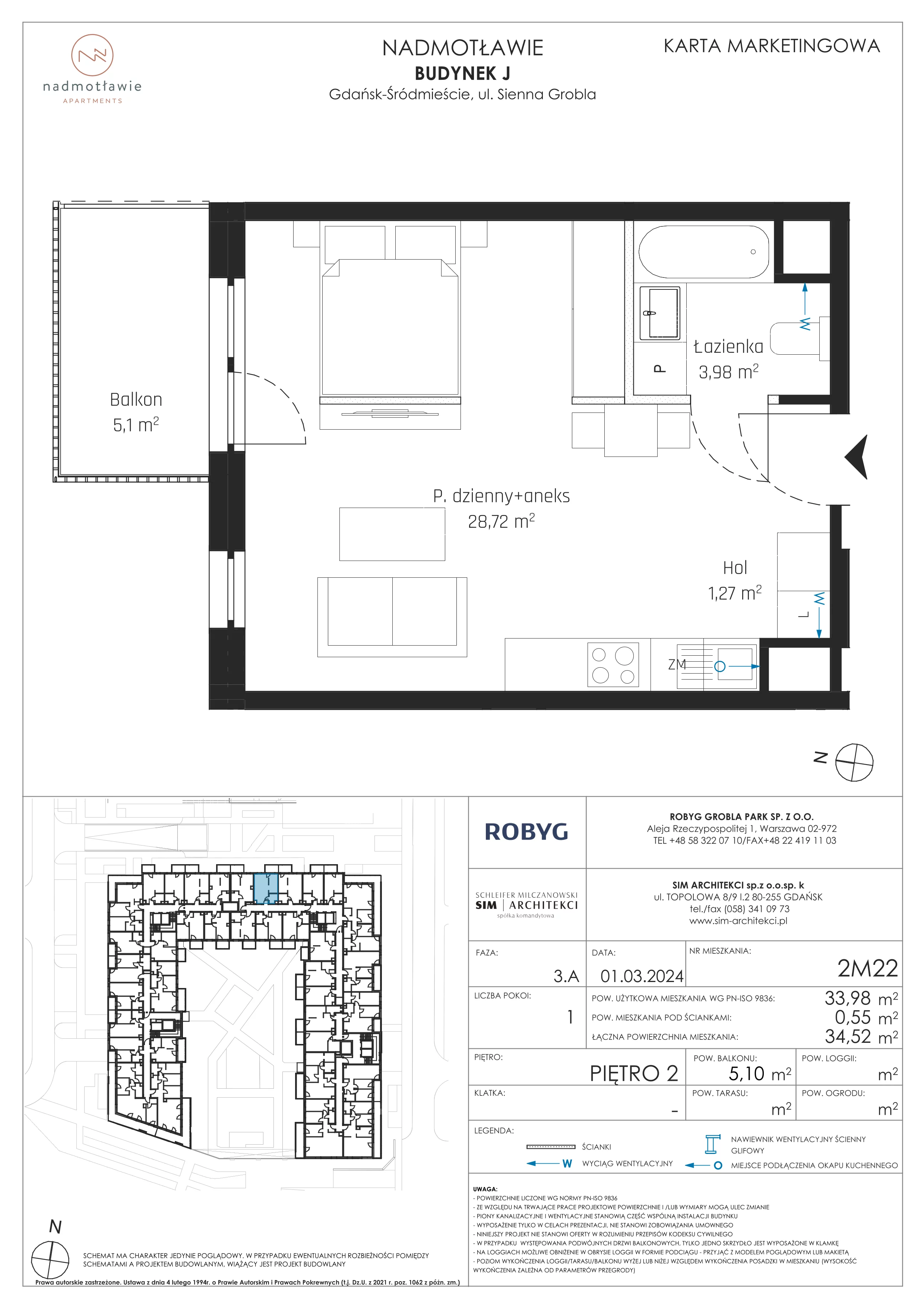 1 pokój, mieszkanie 33,98 m², piętro 2, oferta nr J.2M22, Nadmotławie Apartments, Gdańsk, Śródmieście, ul. Sienna Grobla