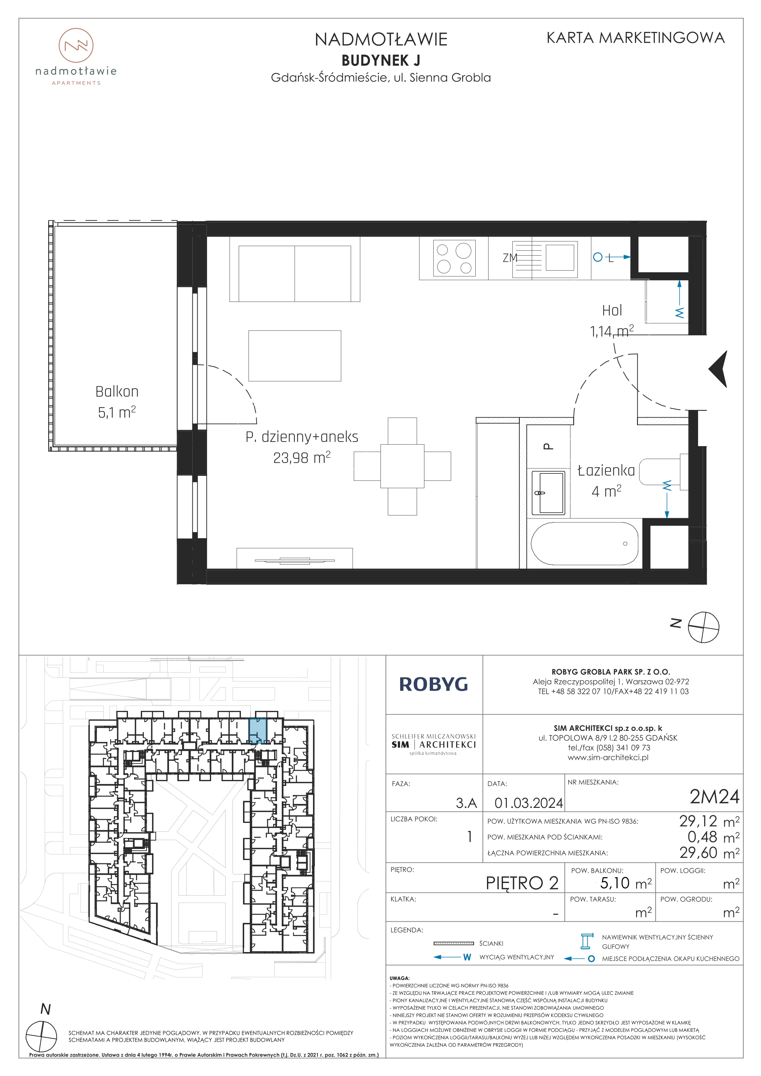 1 pokój, mieszkanie 29,12 m², piętro 2, oferta nr J.2M24, Nadmotławie Apartments, Gdańsk, Śródmieście, ul. Sienna Grobla