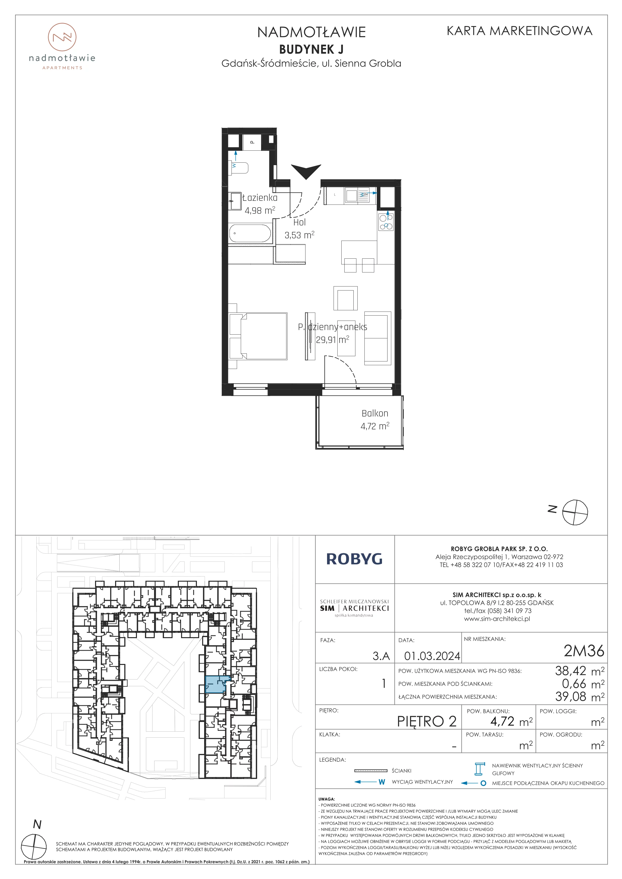 1 pokój, mieszkanie 38,42 m², piętro 2, oferta nr J.2M36, Nadmotławie Apartments, Gdańsk, Śródmieście, ul. Sienna Grobla