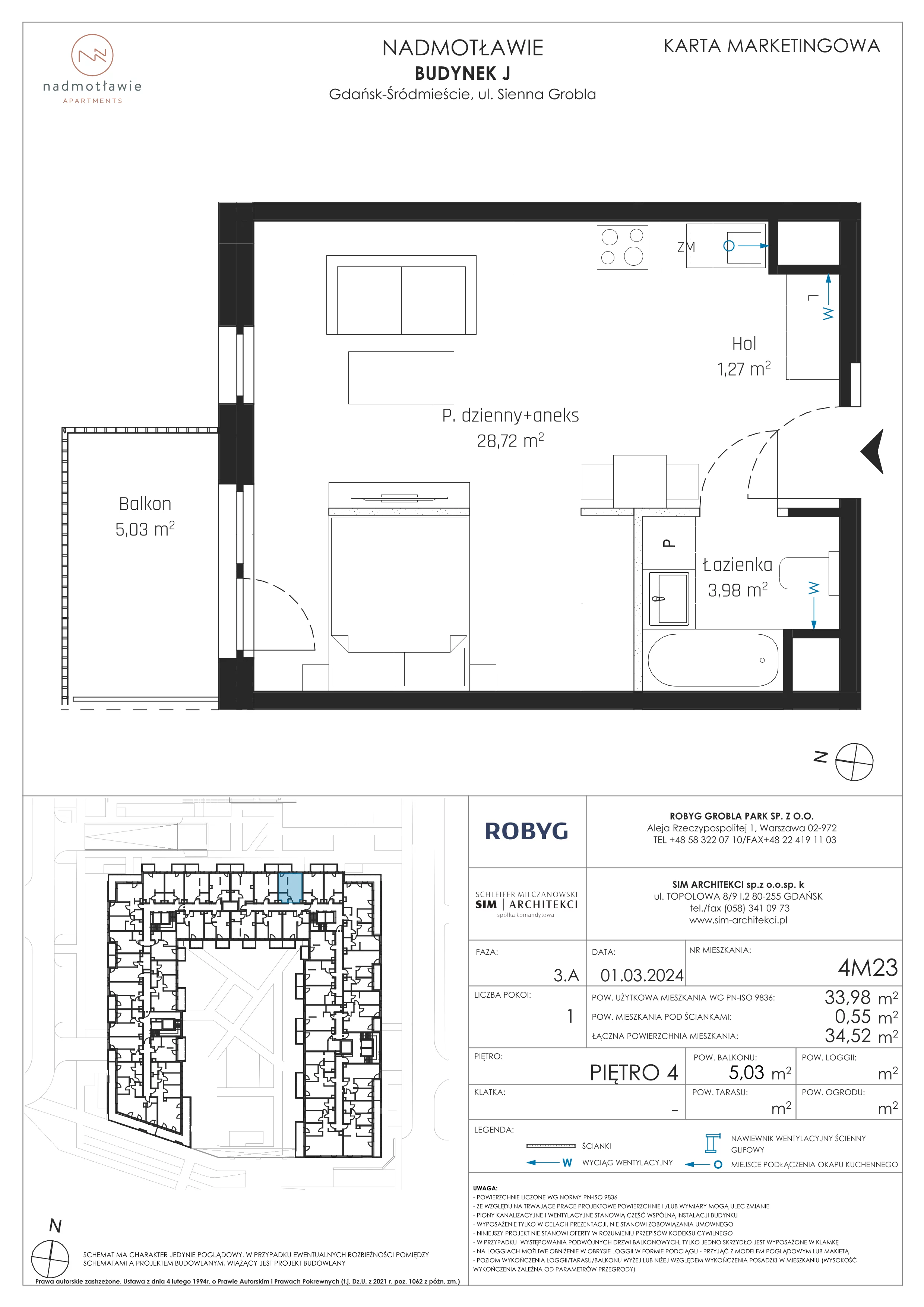 1 pokój, mieszkanie 33,98 m², piętro 4, oferta nr J.4M23, Nadmotławie Apartments, Gdańsk, Śródmieście, ul. Sienna Grobla